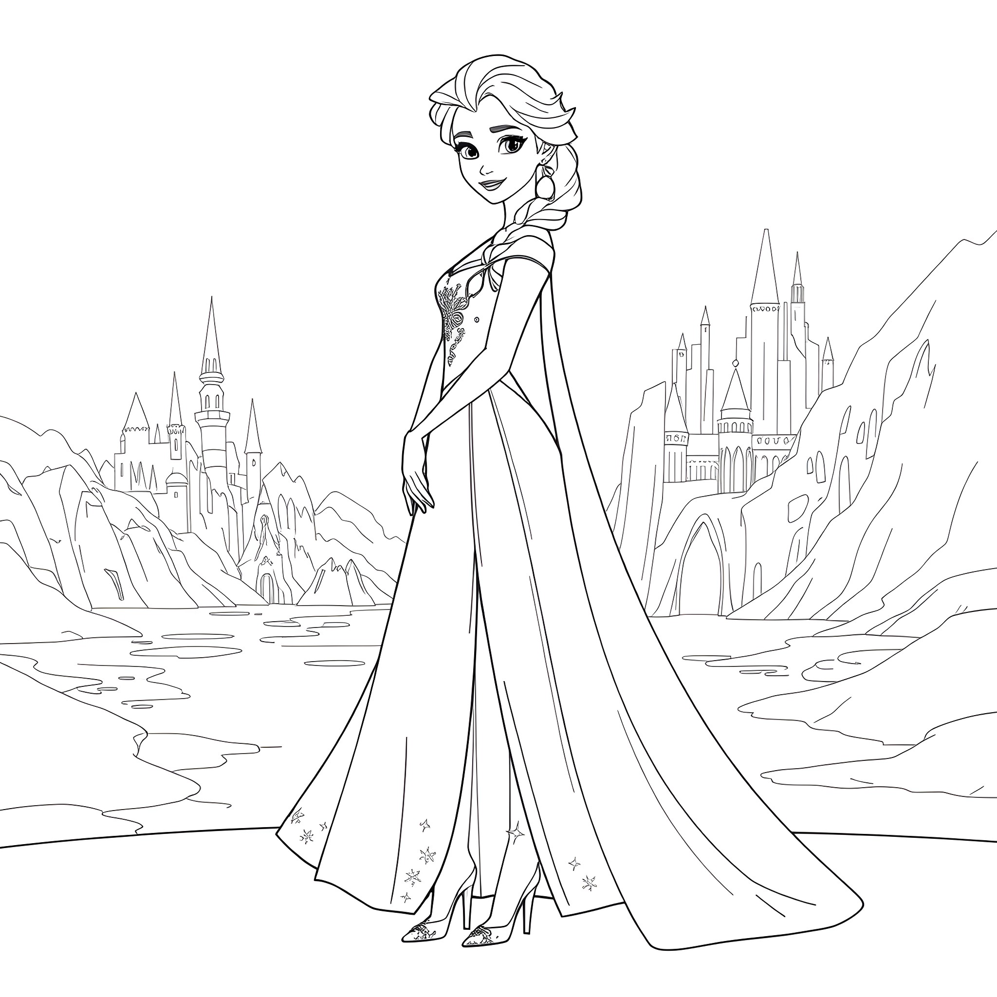 Elsa embracing the winter wonderland Coloring Page (free black-and-white line drawing printable PDF for all, from beginners to advanced learners, including children, teens, adults, and seniors)