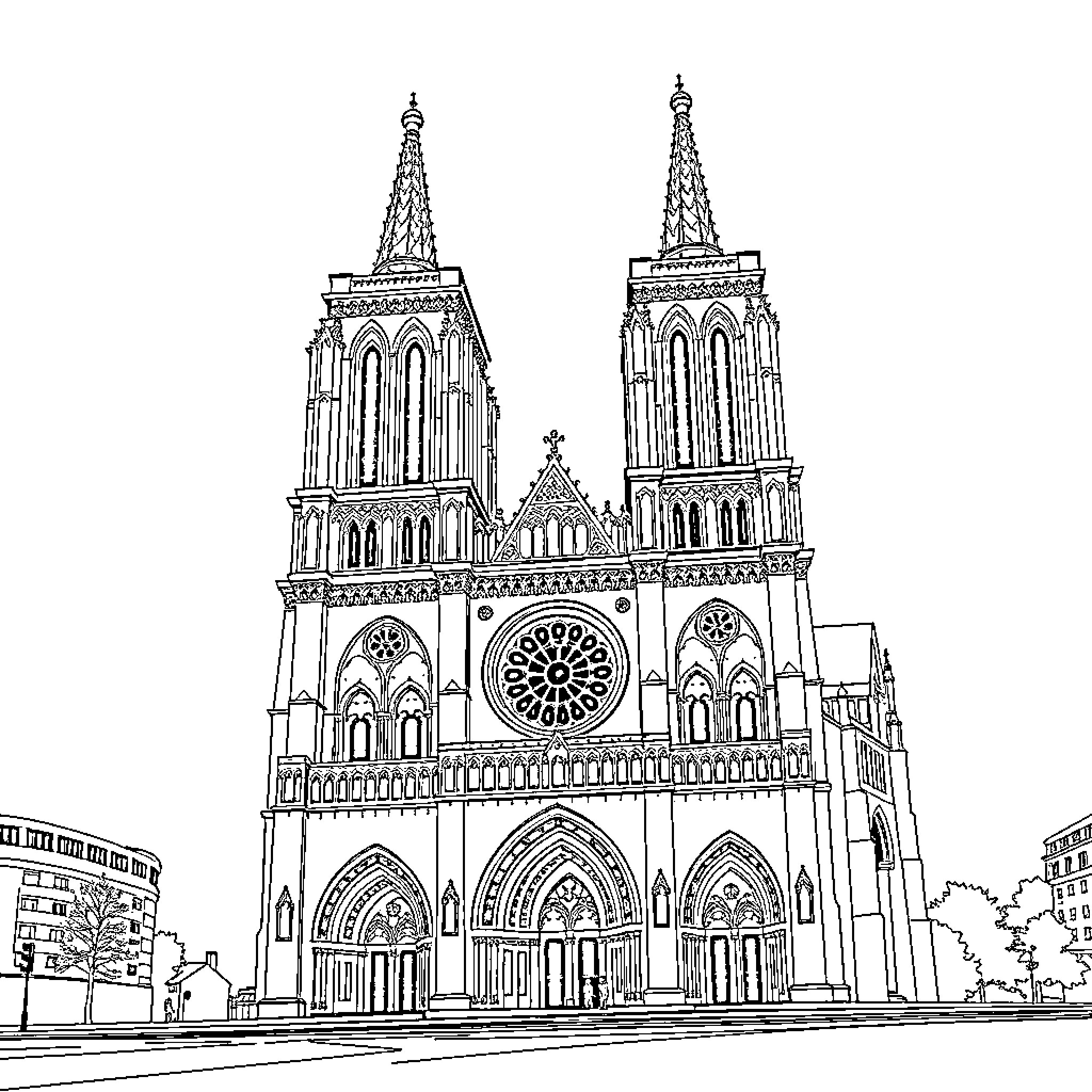 Notre-Dame Cathedral's Magnificent Gothic Architecture Coloring Page (free black-and-white line drawing printable PDF for all, from beginners to advanced learners, including children, teens, adults, and seniors)
