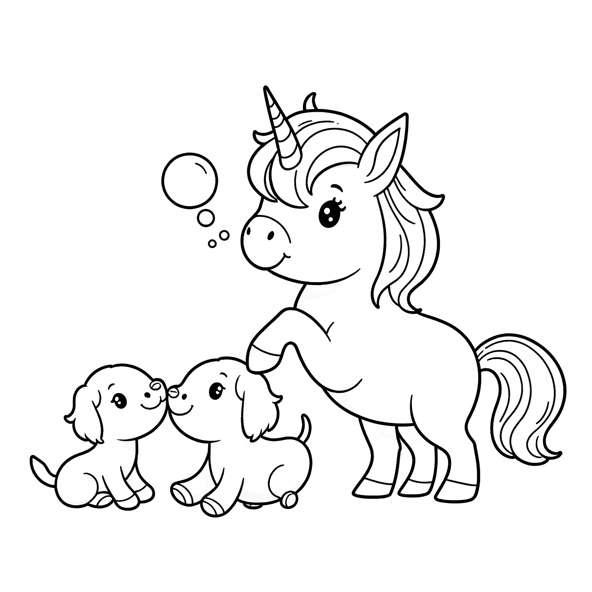 Unicorn with baby unicorns playing together Coloring Page (free black-and-white line drawing printable PDF for all, from beginners to advanced learners, including children, teens, adults, and seniors)