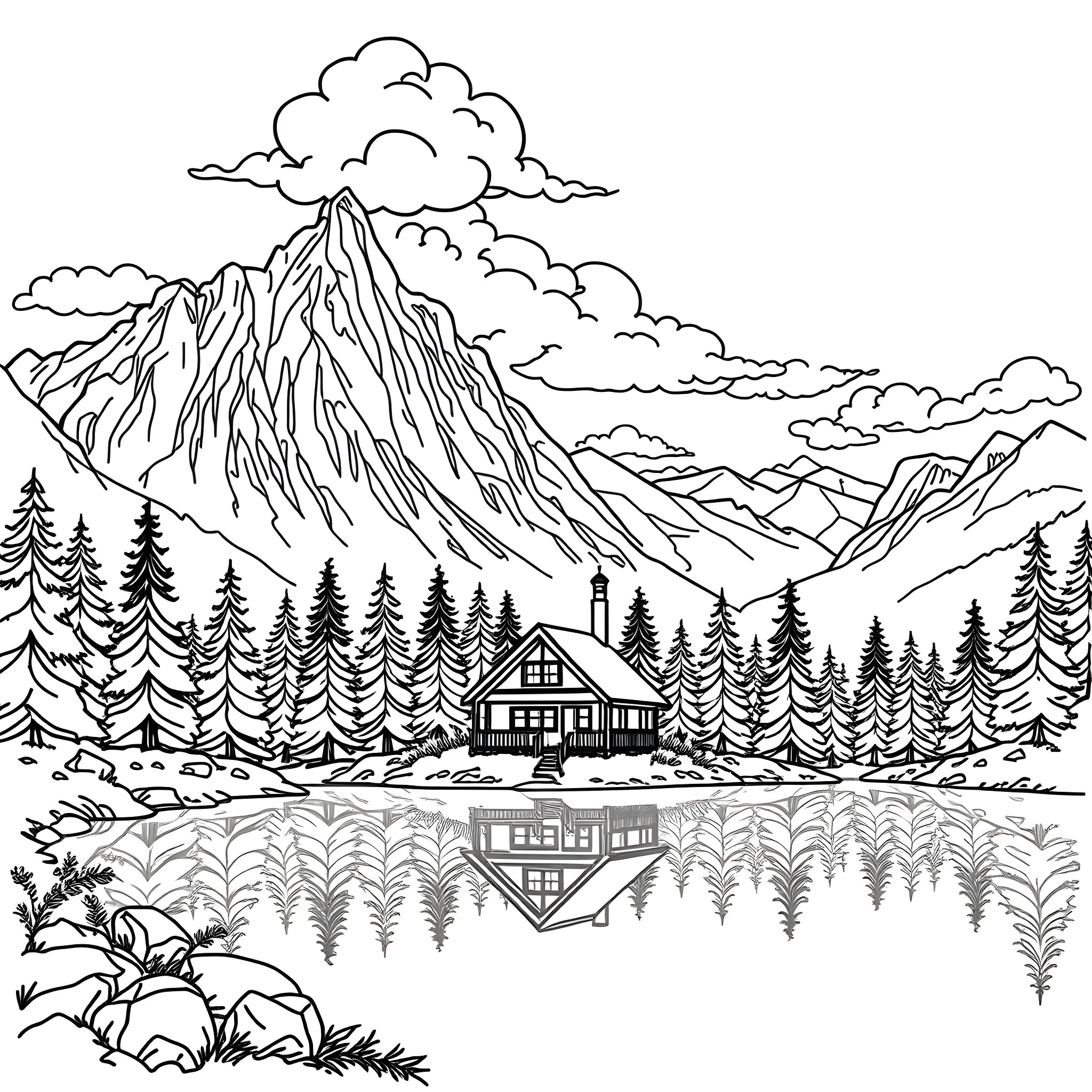 Cabin in the peaceful mountain landscape Coloring Page (free black-and-white line drawing printable PDF for all, from beginners to advanced learners, including children, teens, adults, and seniors)