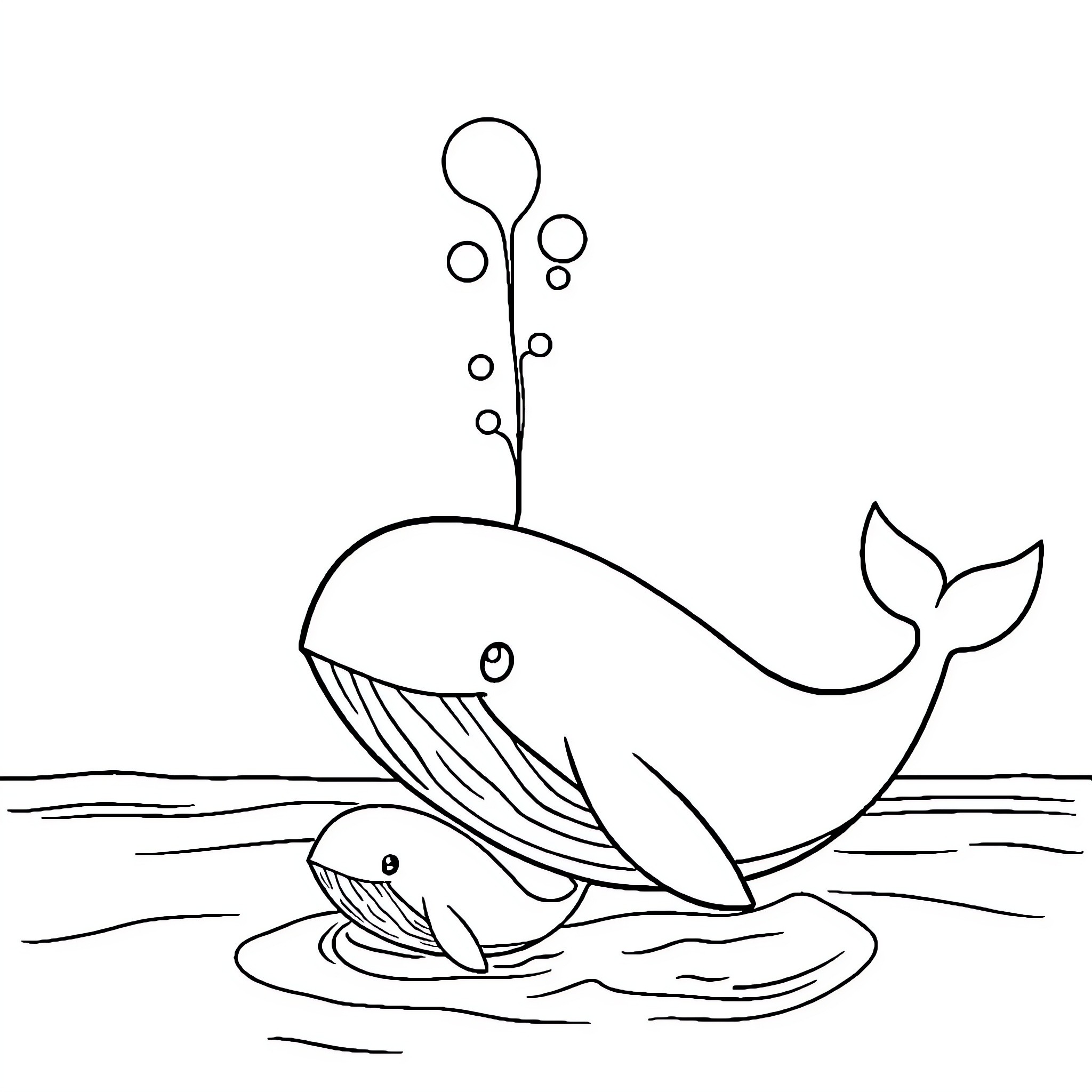 Whale and its calf swimming in the ocean Coloring Page (free black-and-white line drawing printable PDF for all, from beginners to advanced learners, including children, teens, adults, and seniors)