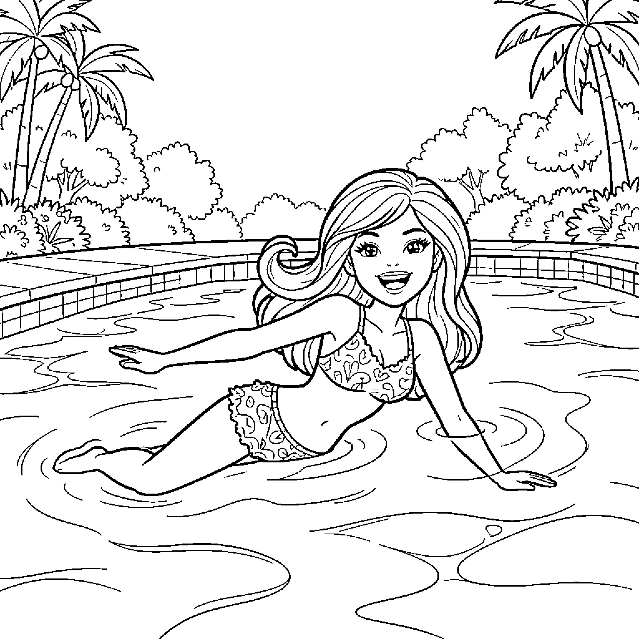 Barbie enjoying a swim in the tropical paradise Coloring Page (free black-and-white line drawing printable PDF for all, from beginners to advanced learners, including children, teens, adults, and seniors)
