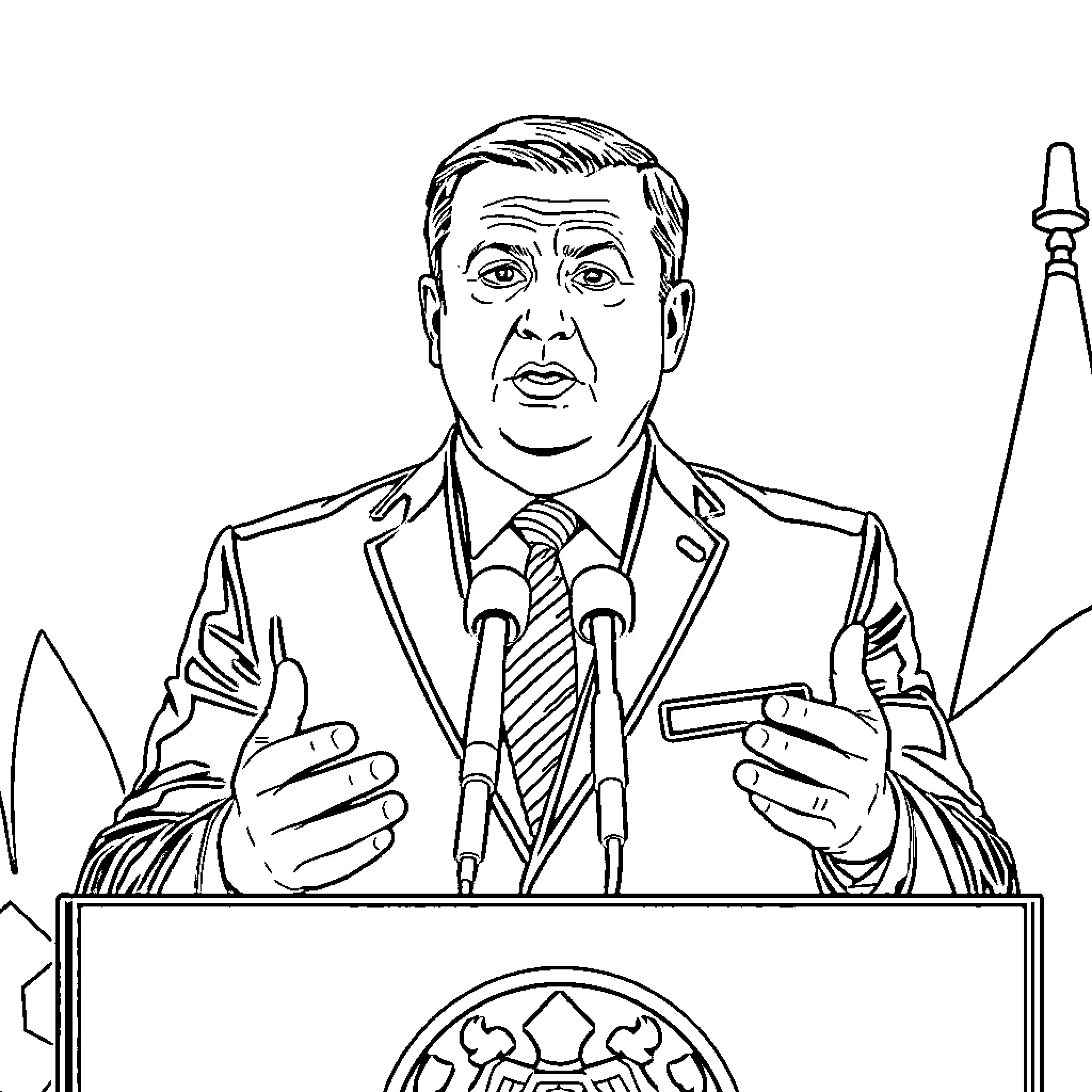Viktor Orban Delivering a Speech at the Podium Coloring Page (free black-and-white line drawing printable PDF for all, from beginners to advanced learners, including children, teens, adults, and seniors)
