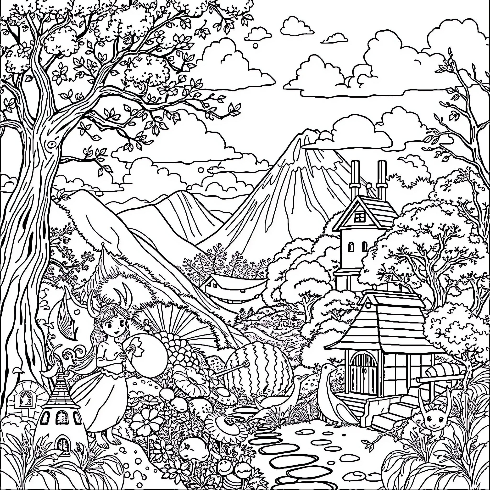 Studio Ghibli Magical Forest Adventure Coloring Page (free black-and-white line drawing printable PDF for all, from beginners to advanced learners, including children, teens, adults, and seniors)