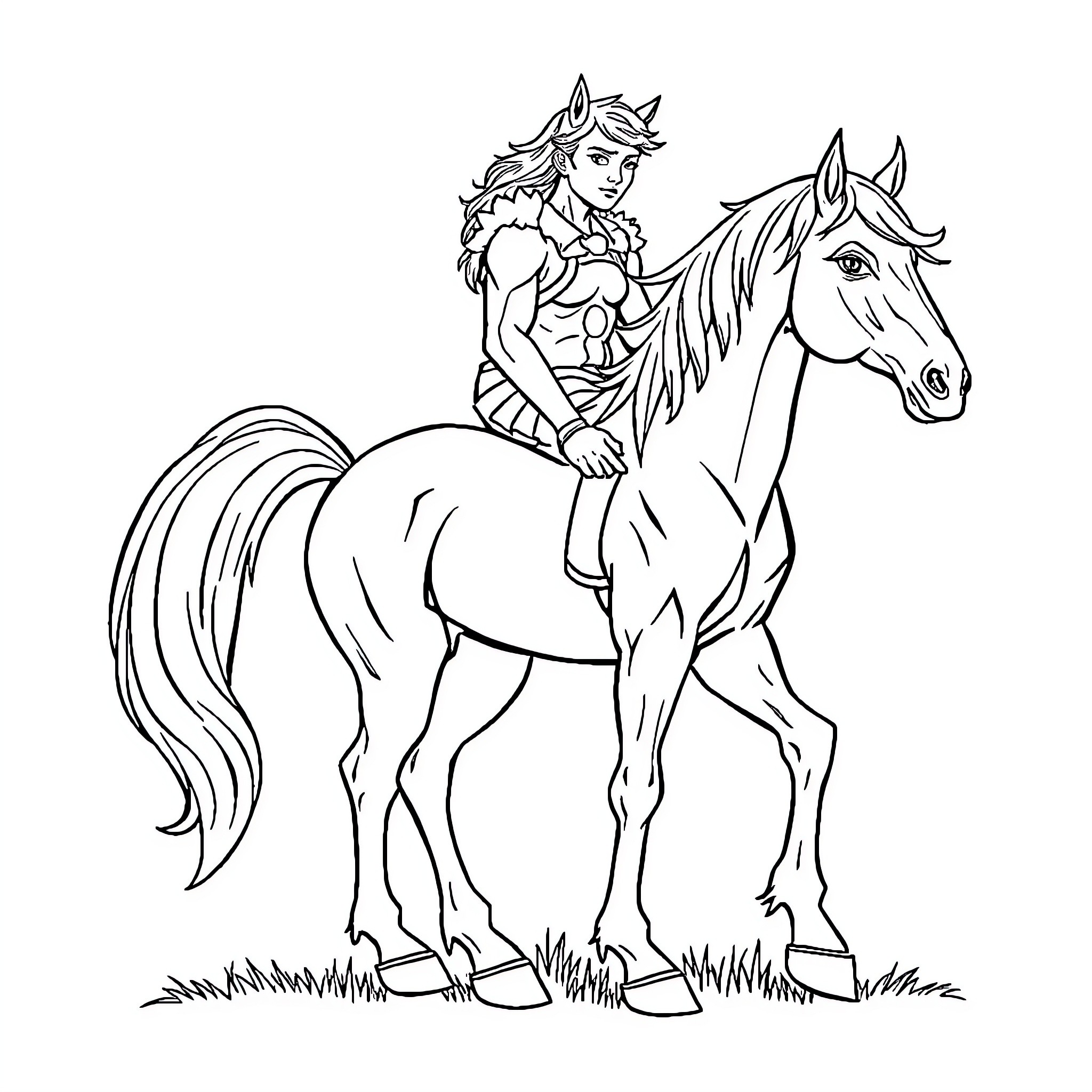 Centaur warrior riding a majestic horse Coloring Page (free black-and-white line drawing printable PDF for all, from beginners to advanced learners, including children, teens, adults, and seniors)