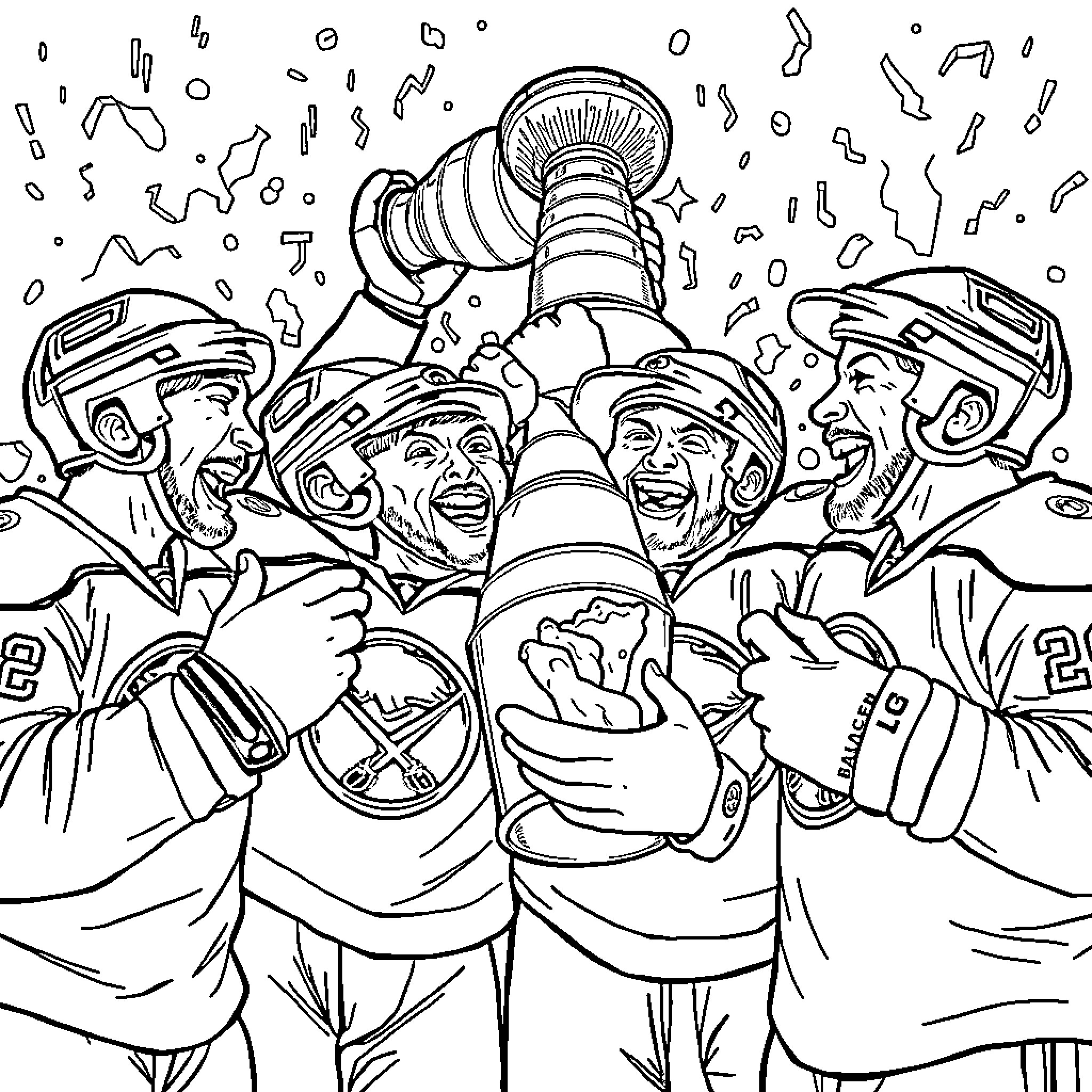 Buffalo Sabres players celebrating a victory Coloring Page (free black-and-white line drawing printable PDF for all, from beginners to advanced learners, including children, teens, adults, and seniors)