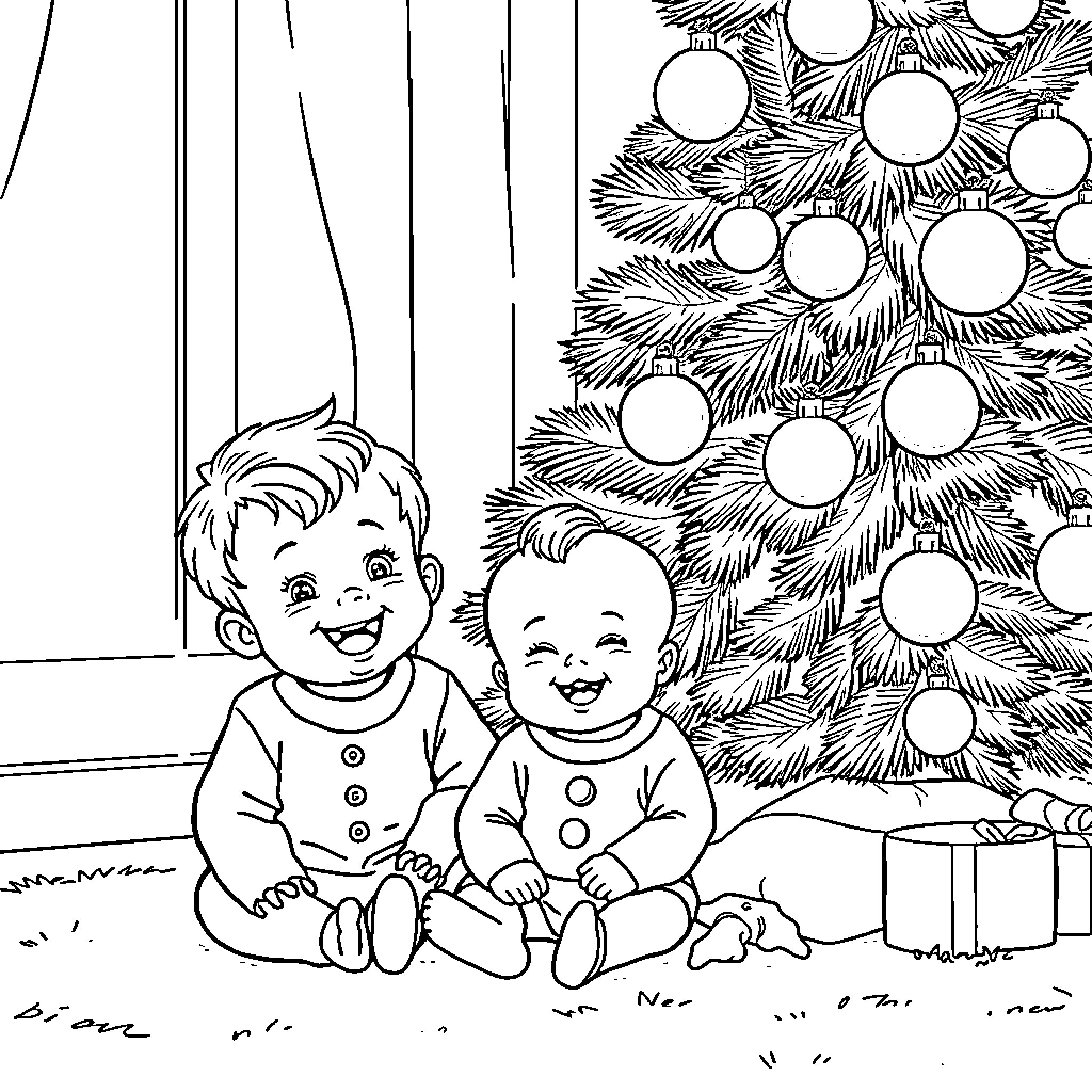 Child playing with friend by Christmas tree Coloring Page (free black-and-white line drawing printable PDF for all, from beginners to advanced learners, including children, teens, adults, and seniors)