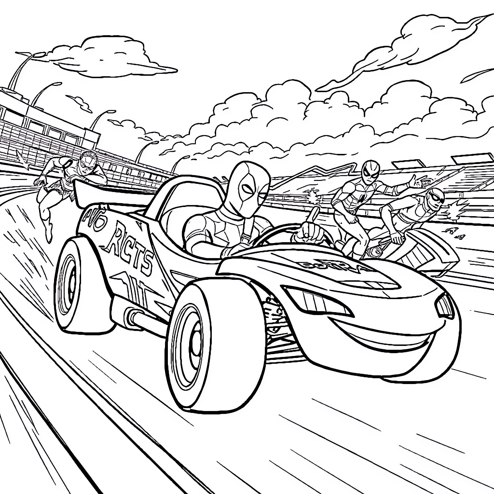Deadpool's Thrilling Race Through the Cityscape Coloring Page (free black-and-white line drawing printable PDF for all, from beginners to advanced learners, including children, teens, adults, and seniors)