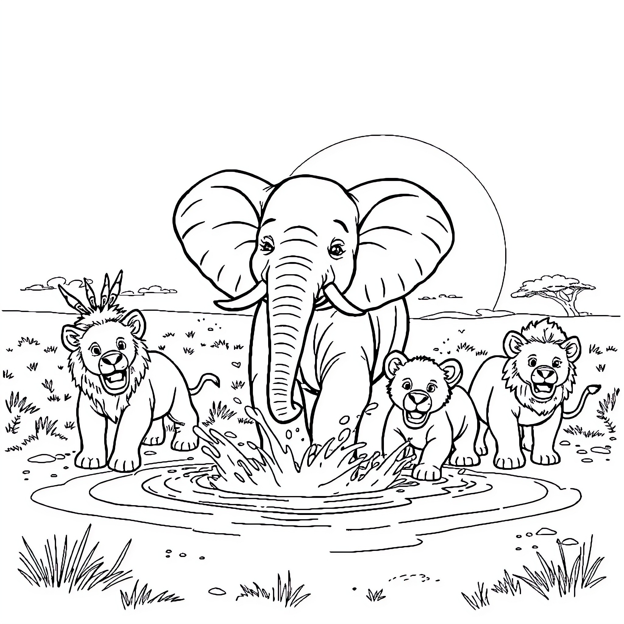 Elephant and Lions Playing in the Savannah Coloring Page (free black-and-white line drawing printable PDF for all, from beginners to advanced learners, including children, teens, adults, and seniors)