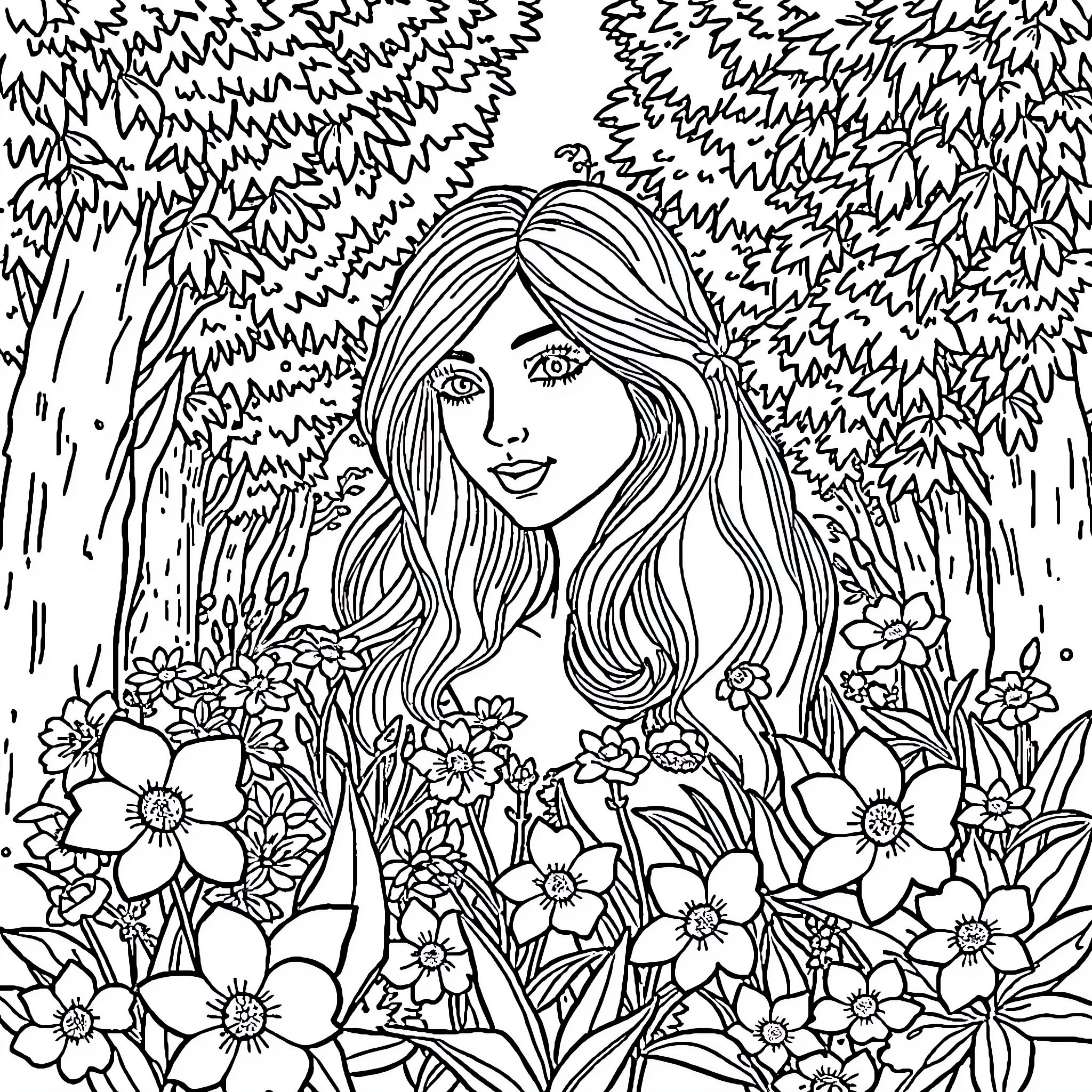 Mother Nature's Floral Enchantment Coloring Page (free black-and-white line drawing printable PDF for all, from beginners to advanced learners, including children, teens, adults, and seniors)