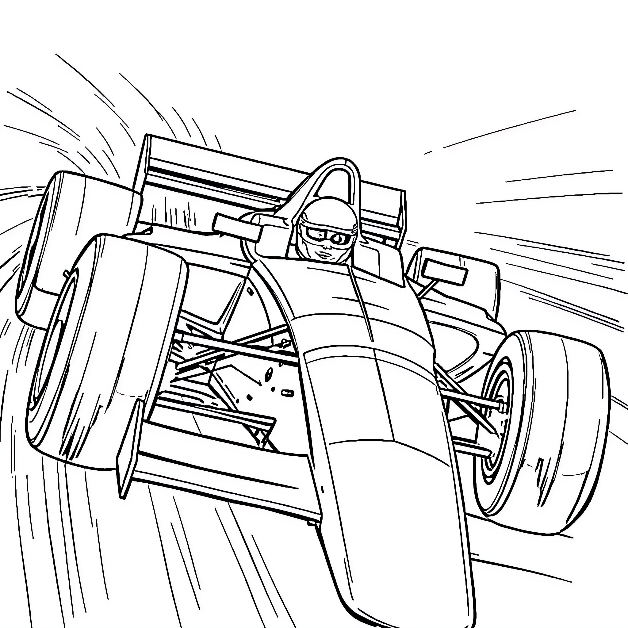 Formula 1 Racing Car in High-Speed Motion Coloring Page (free black-and-white line drawing printable PDF for all, from beginners to advanced learners, including children, teens, adults, and seniors)