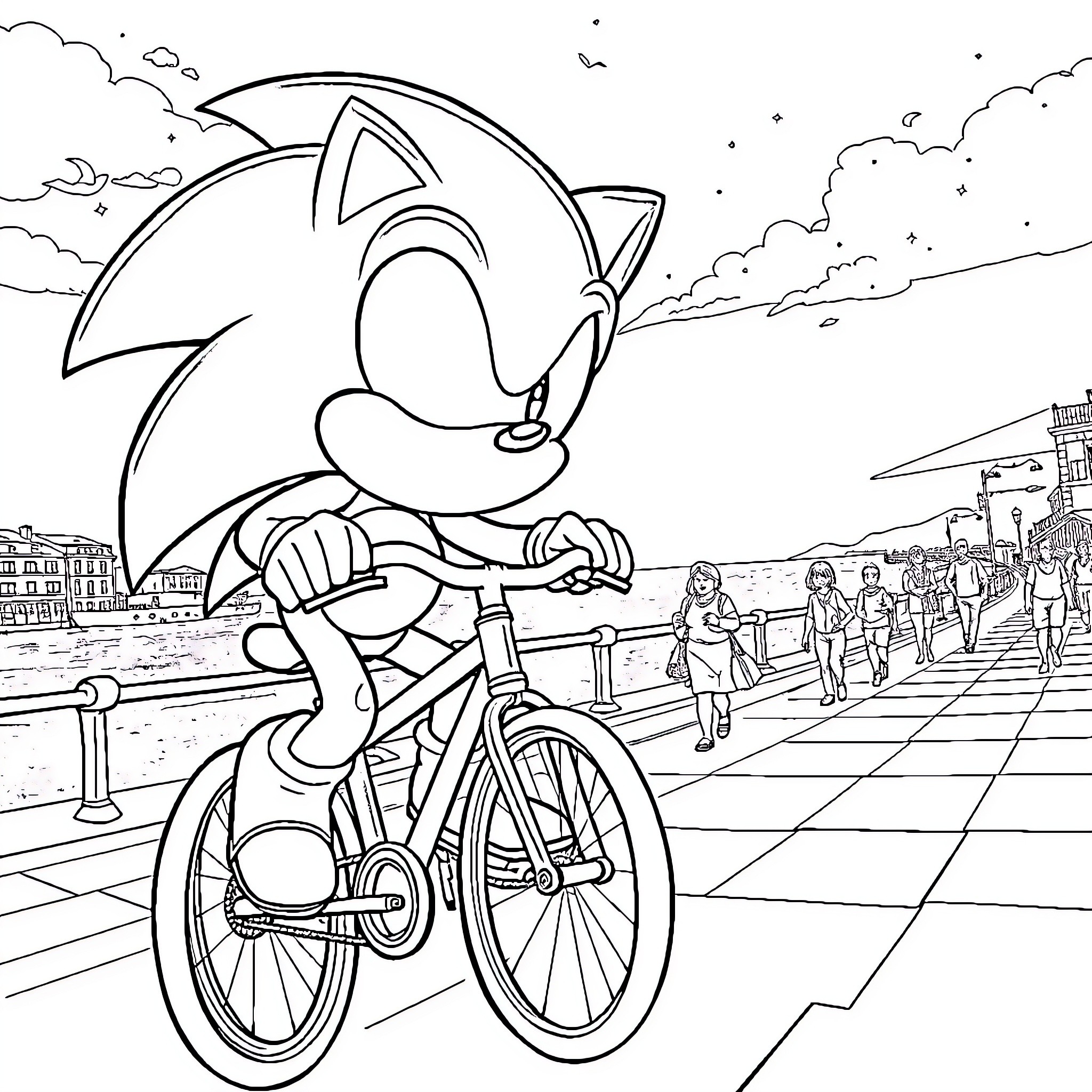 Sonic Speedster Races Through the City Streets Coloring Page (free black-and-white line drawing printable PDF for all, from beginners to advanced learners, including children, teens, adults, and seniors)