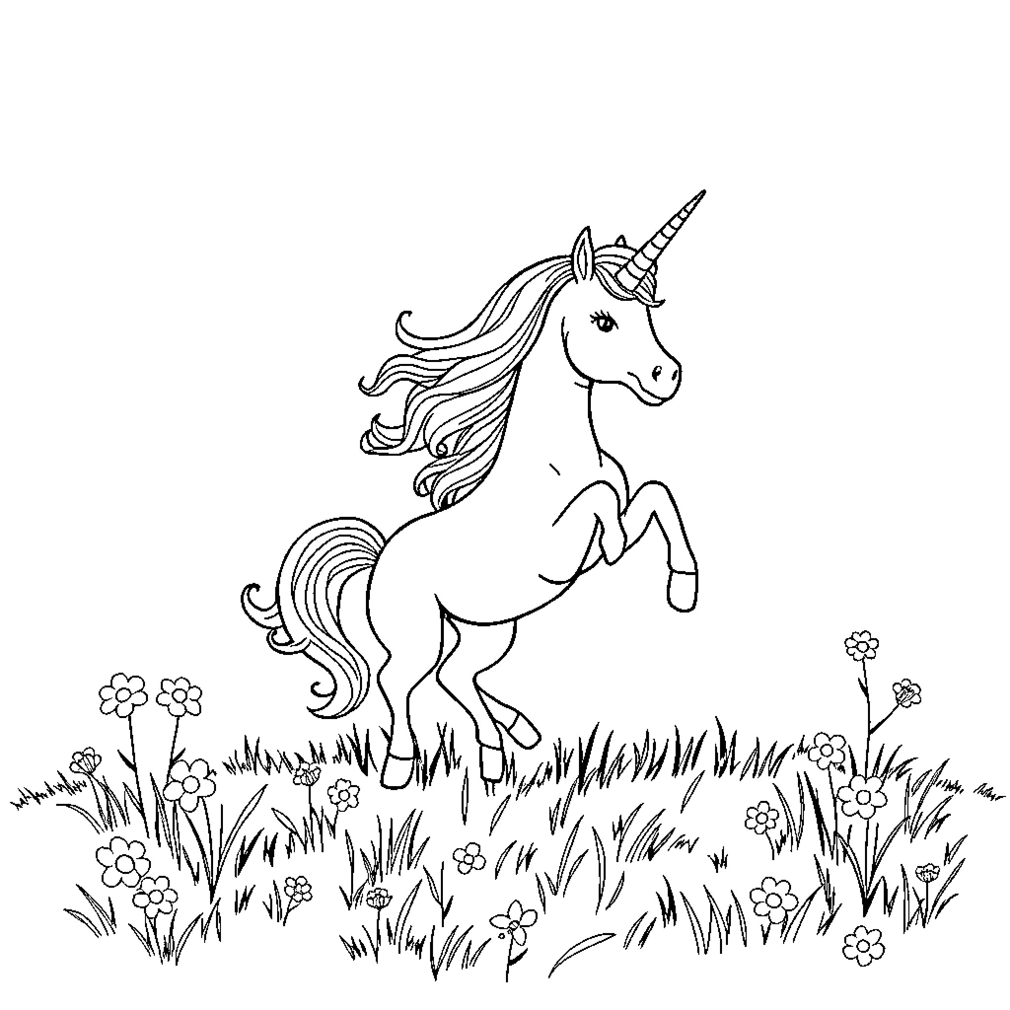 Unicorn frolicking in a floral meadow Coloring Page (free black-and-white line drawing printable PDF for all, from beginners to advanced learners, including children, teens, adults, and seniors)