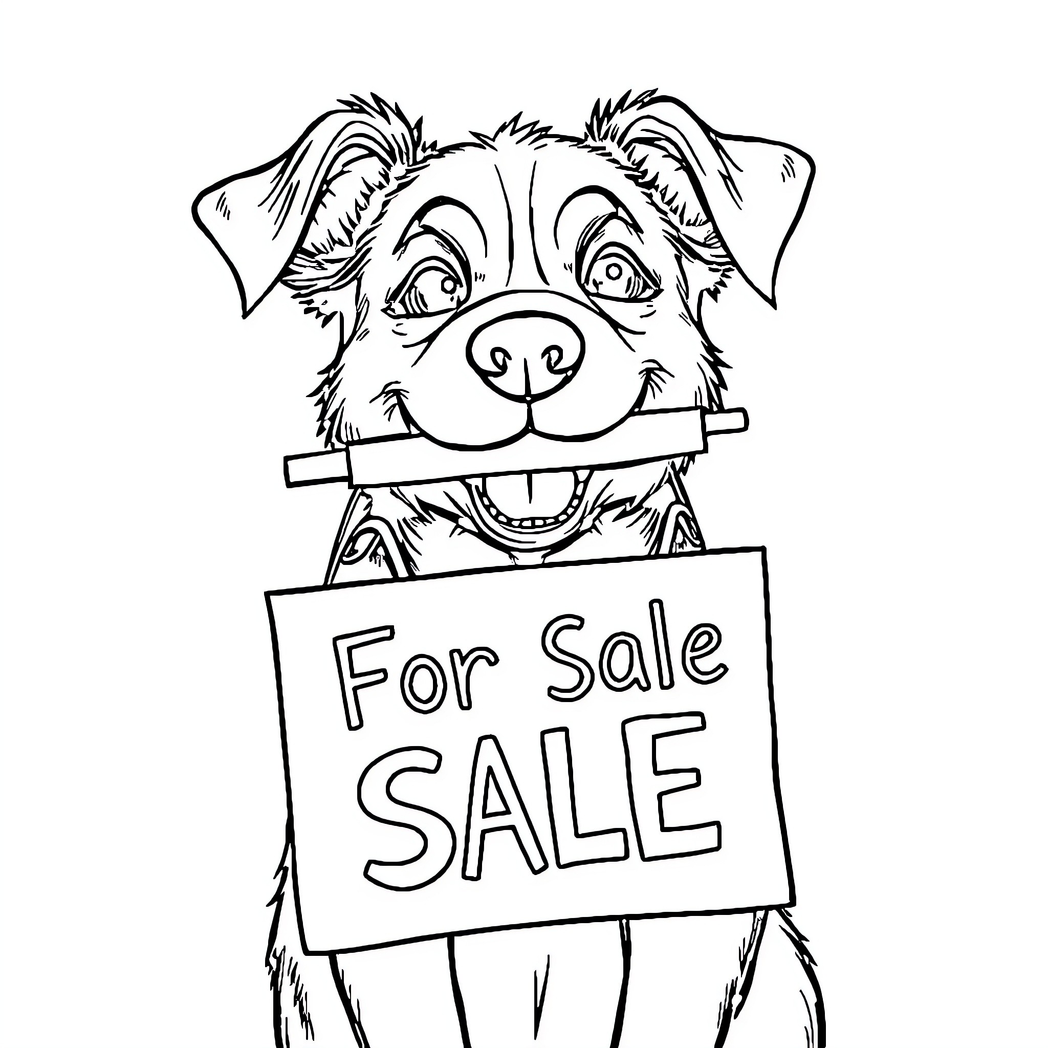 Dog holding 'For Sale' sign with a happy expression Coloring Page (free black-and-white line drawing printable PDF for all, from beginners to advanced learners, including children, teens, adults, and seniors)