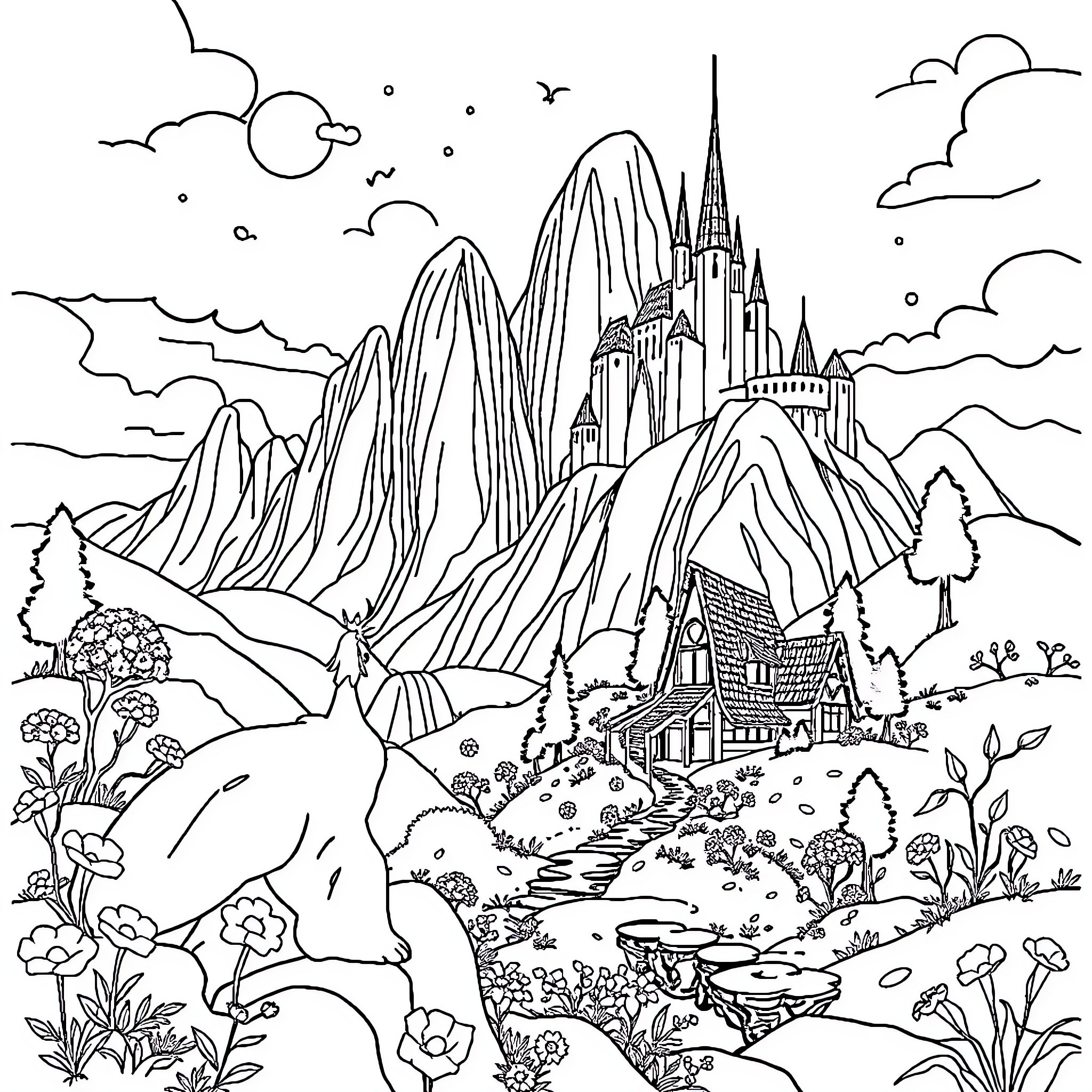 Ghibli-inspired Magical Castle Landscape Coloring Page (free black-and-white line drawing printable PDF for all, from beginners to advanced learners, including children, teens, adults, and seniors)