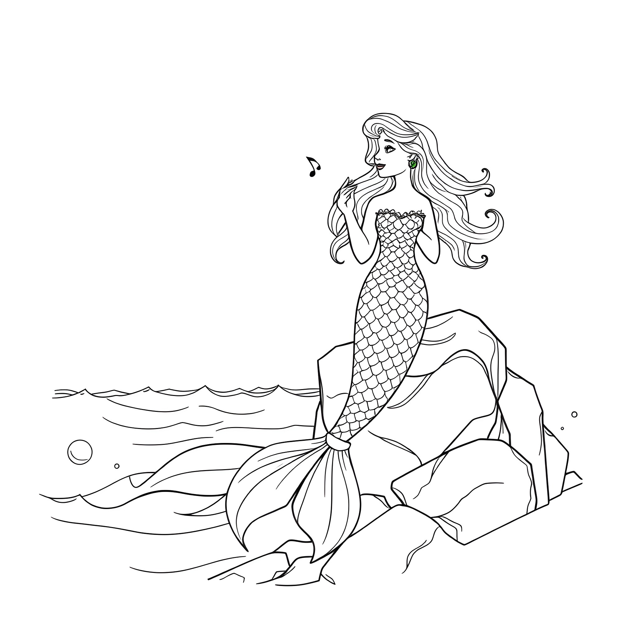Mermaid singing amidst ocean waves Coloring Page (free black-and-white line drawing printable PDF for all, from beginners to advanced learners, including children, teens, adults, and seniors)