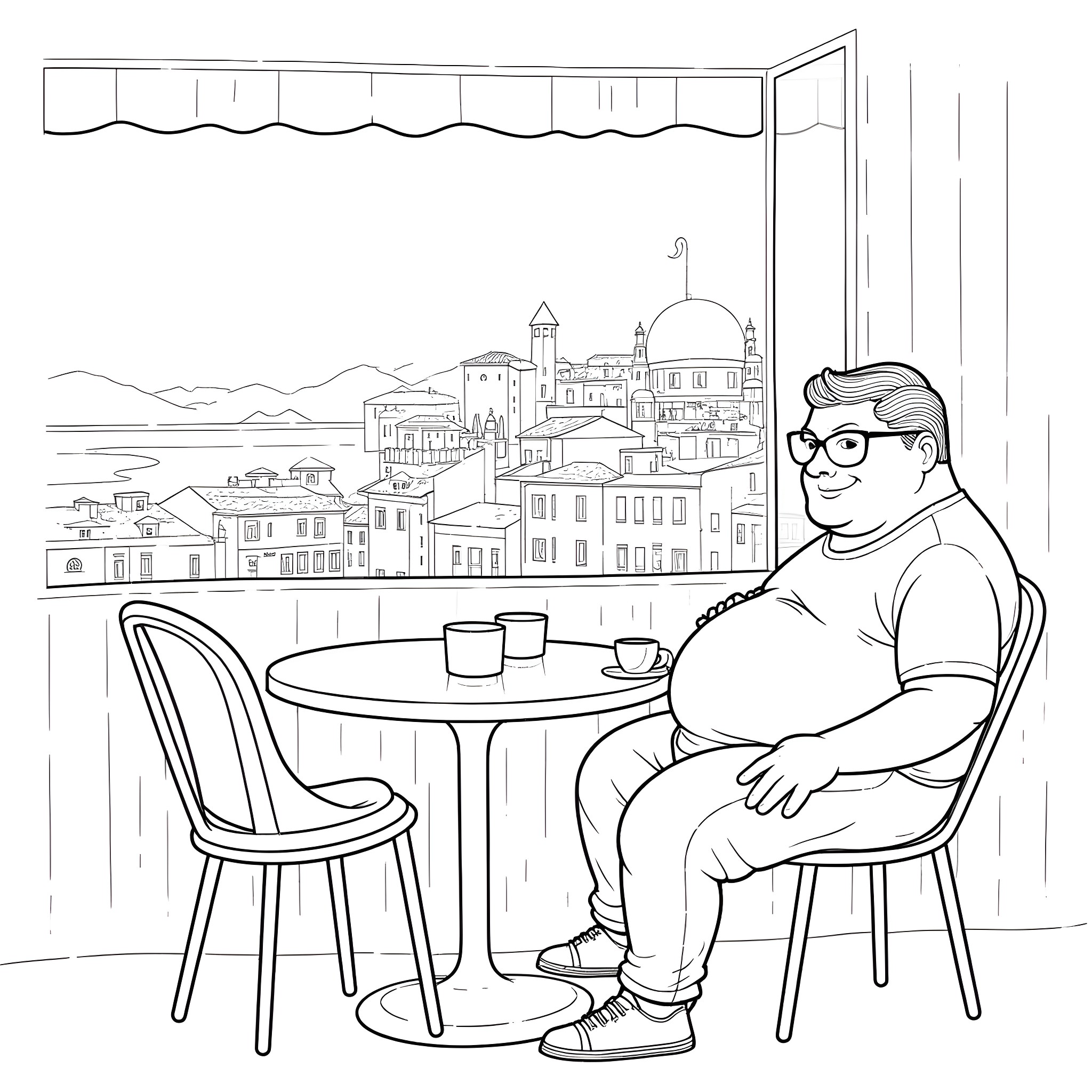 Drill Bit Enjoying a Meal with a View Coloring Page (free black-and-white line drawing printable PDF for all, from beginners to advanced learners, including children, teens, adults, and seniors)