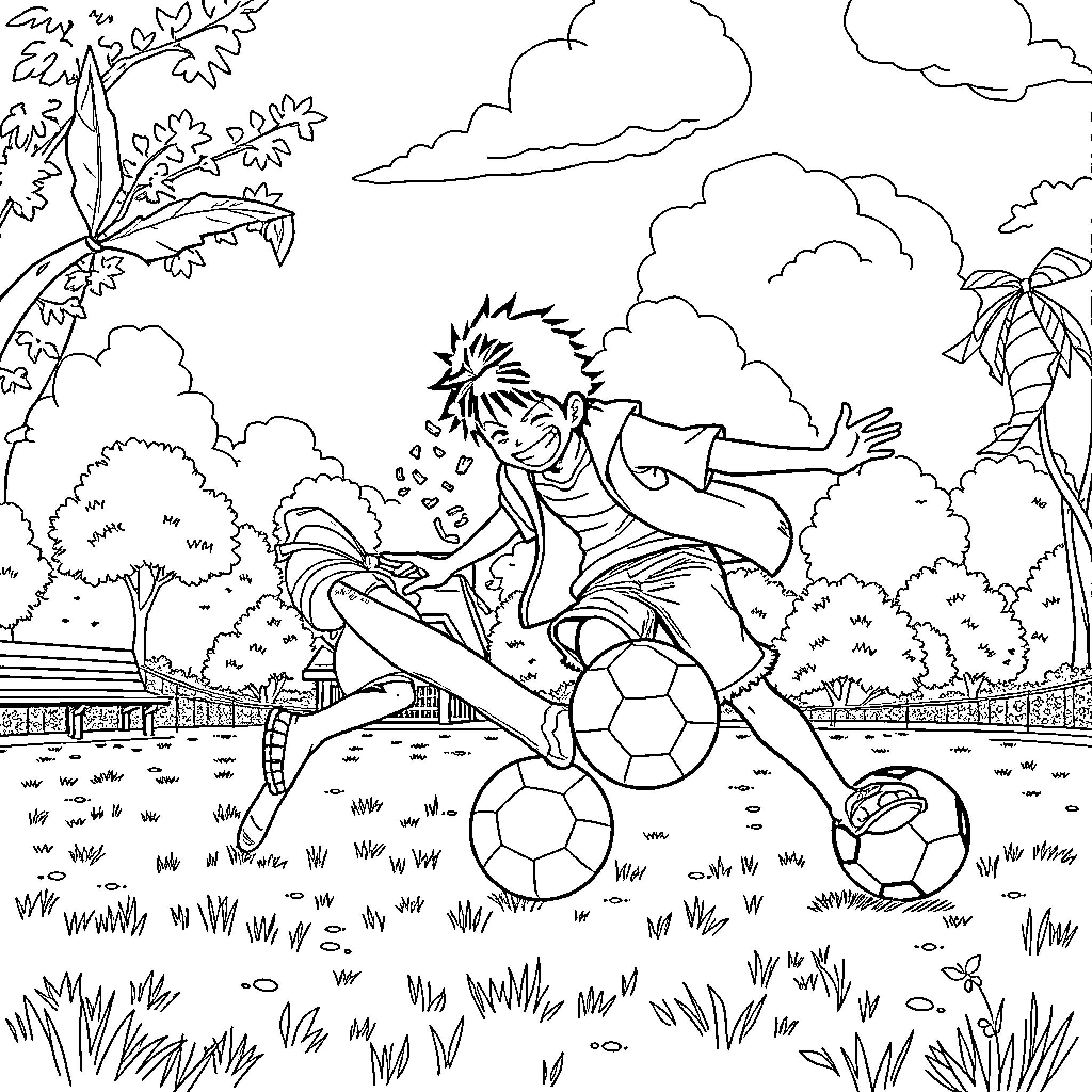 Monkey D Luffy playing soccer energetically in the park Coloring Page (free black-and-white line drawing printable PDF for all, from beginners to advanced learners, including children, teens, adults, and seniors)