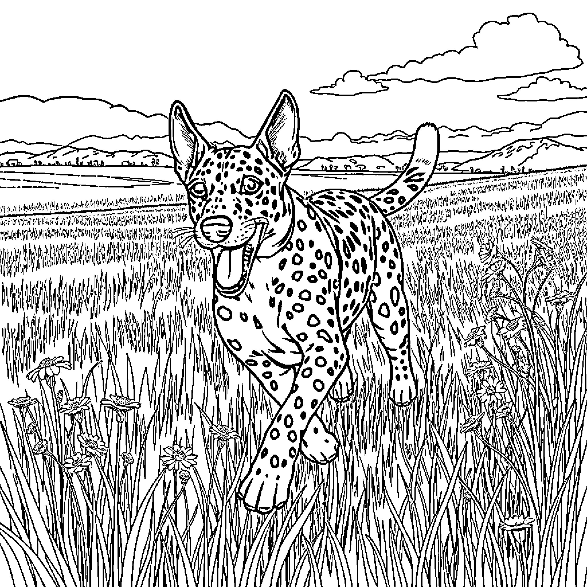 Catahoula Canine in Tall Grasslands Coloring Page (free black-and-white line drawing printable PDF for all, from beginners to advanced learners, including children, teens, adults, and seniors)