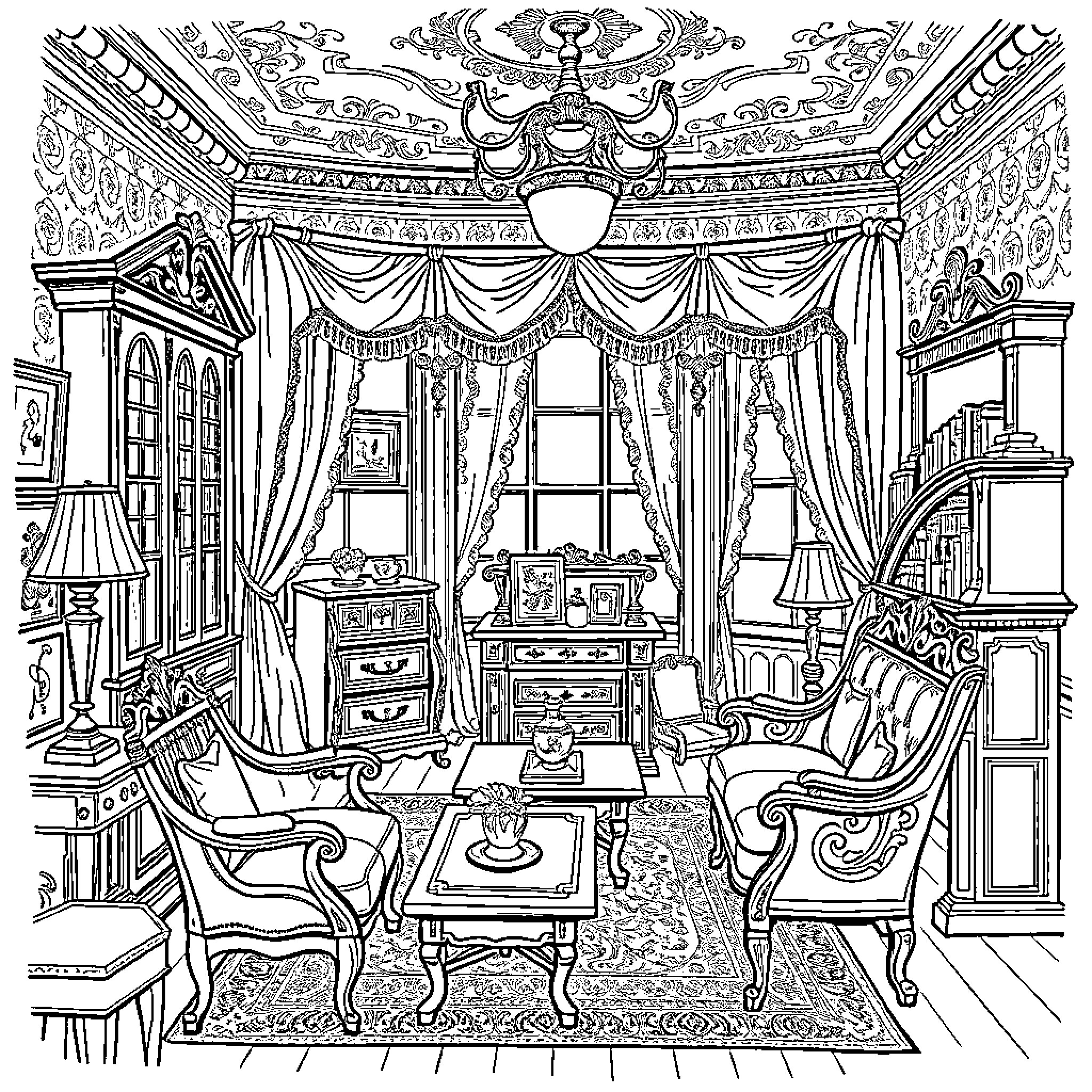 Apartment with Ornate Victorian-Style Furnishings Coloring Page (free black-and-white line drawing printable PDF for all, from beginners to advanced learners, including children, teens, adults, and seniors)