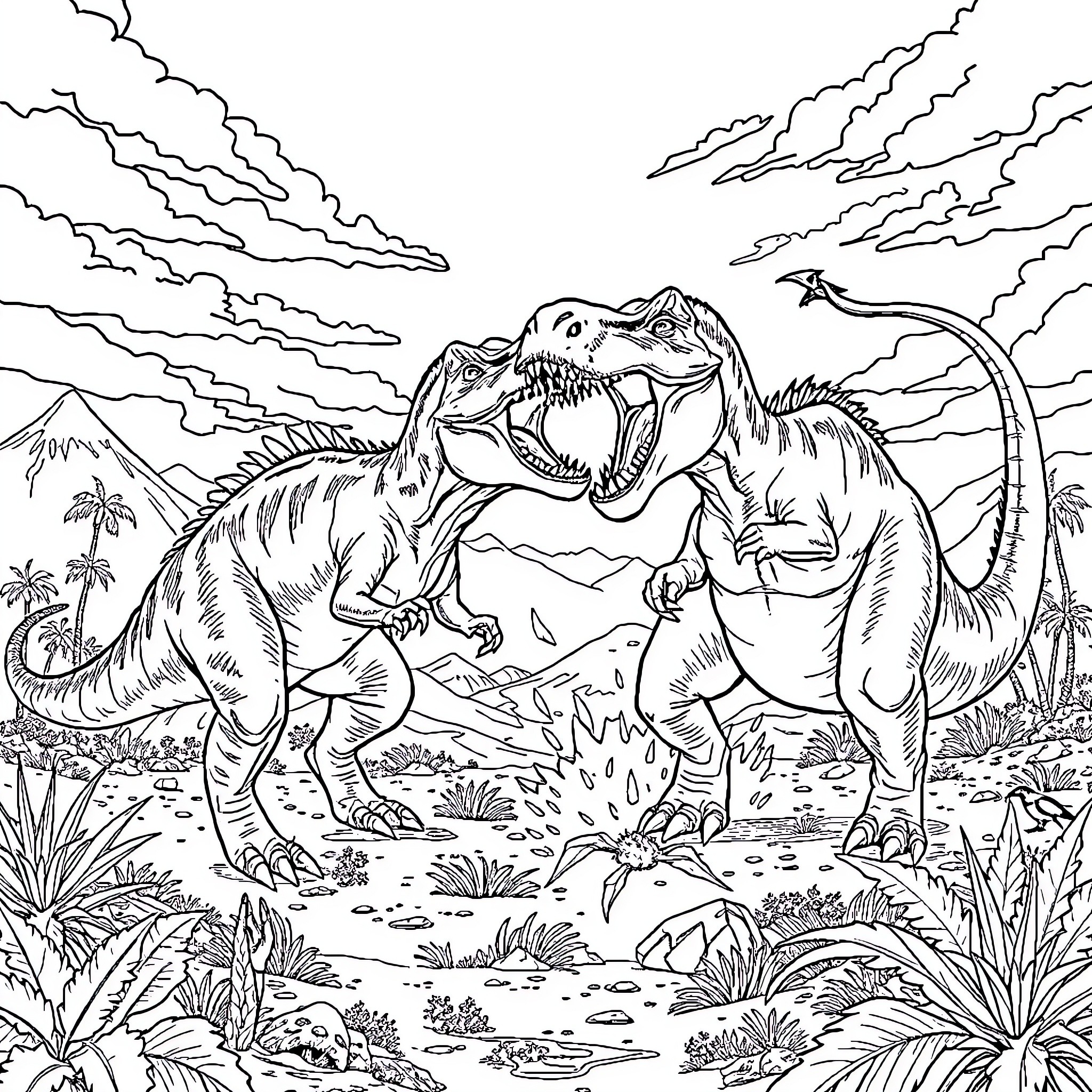 Dinosaurs roaming through a prehistoric landscape Coloring Page (free black-and-white line drawing printable PDF for all, from beginners to advanced learners, including children, teens, adults, and seniors)