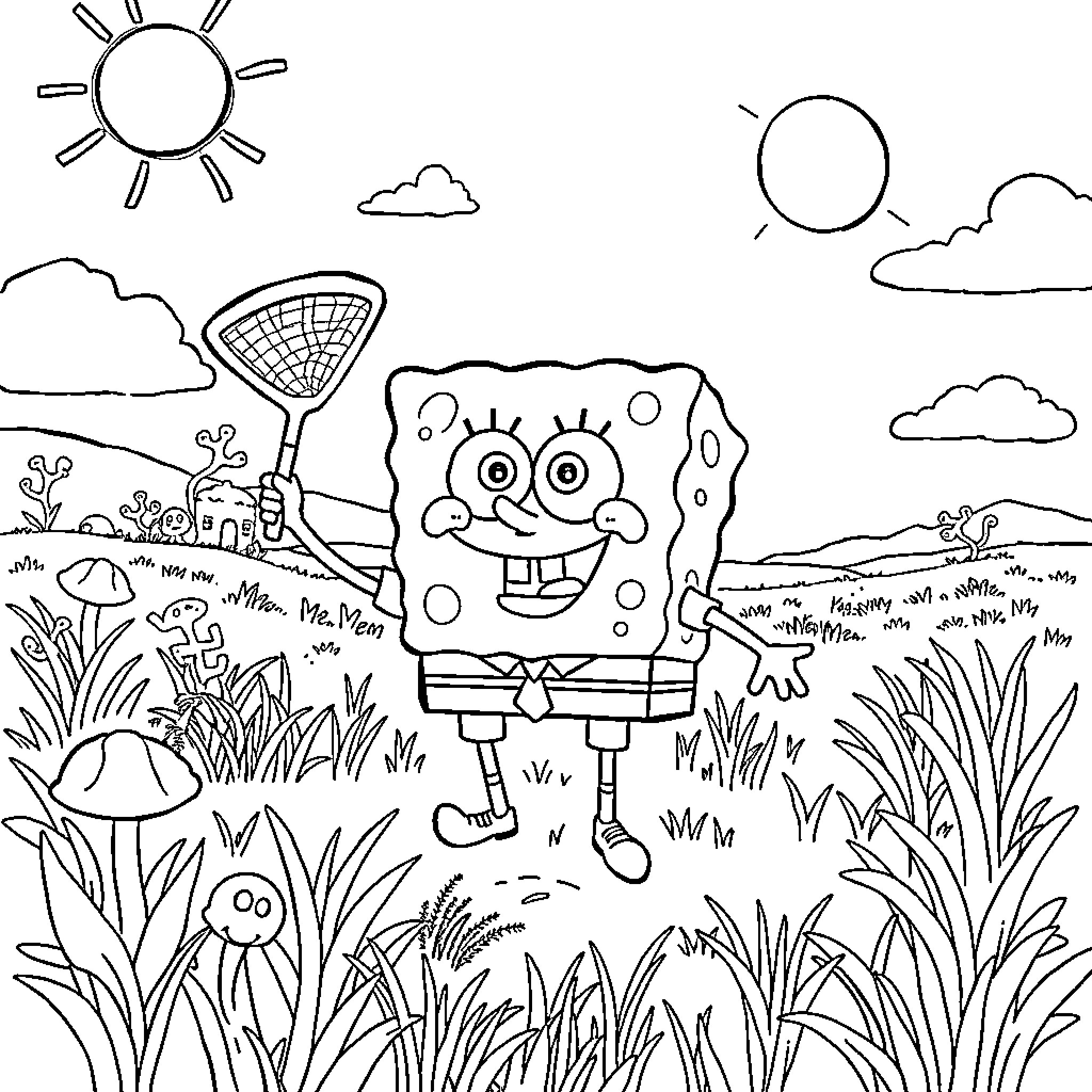 Spongebob catching bugs in a grassy field Coloring Page (free black-and-white line drawing printable PDF for all, from beginners to advanced learners, including children, teens, adults, and seniors)