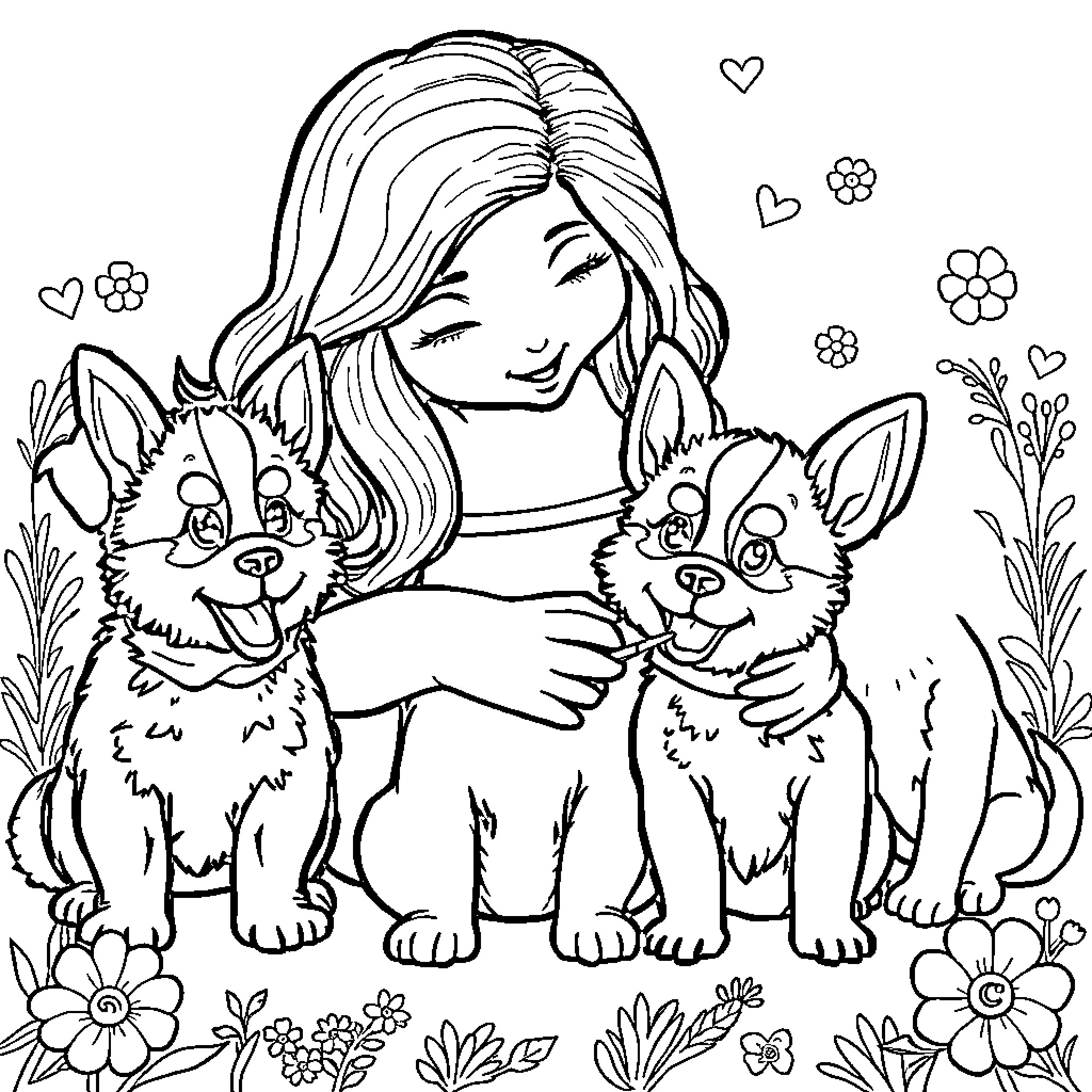 Poodle pals with woman in nature Coloring Page (free black-and-white line drawing printable PDF for all, from beginners to advanced learners, including children, teens, adults, and seniors)