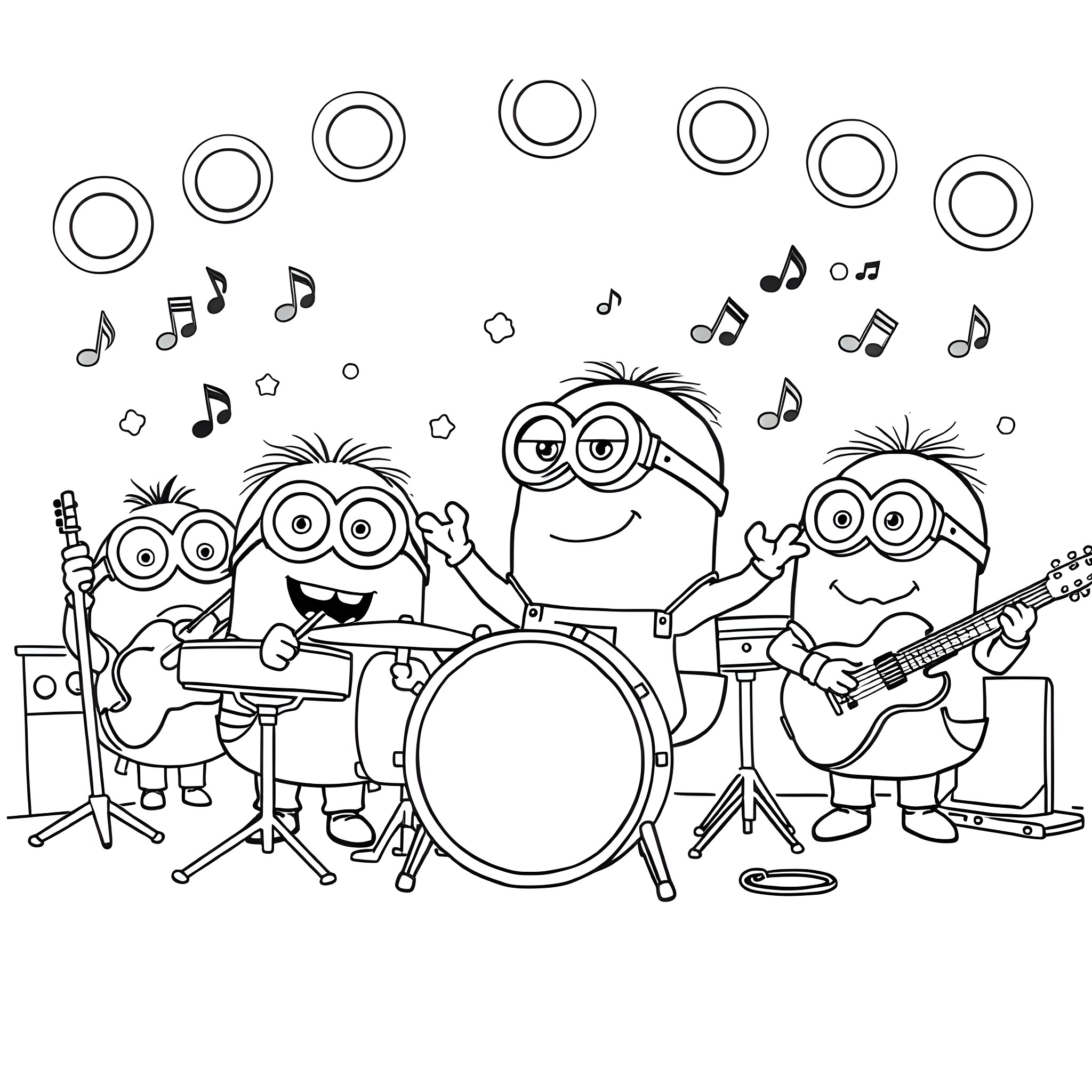 Minions Rock Band Performing on Stage Coloring Page (free black-and-white line drawing printable PDF for all, from beginners to advanced learners, including children, teens, adults, and seniors)