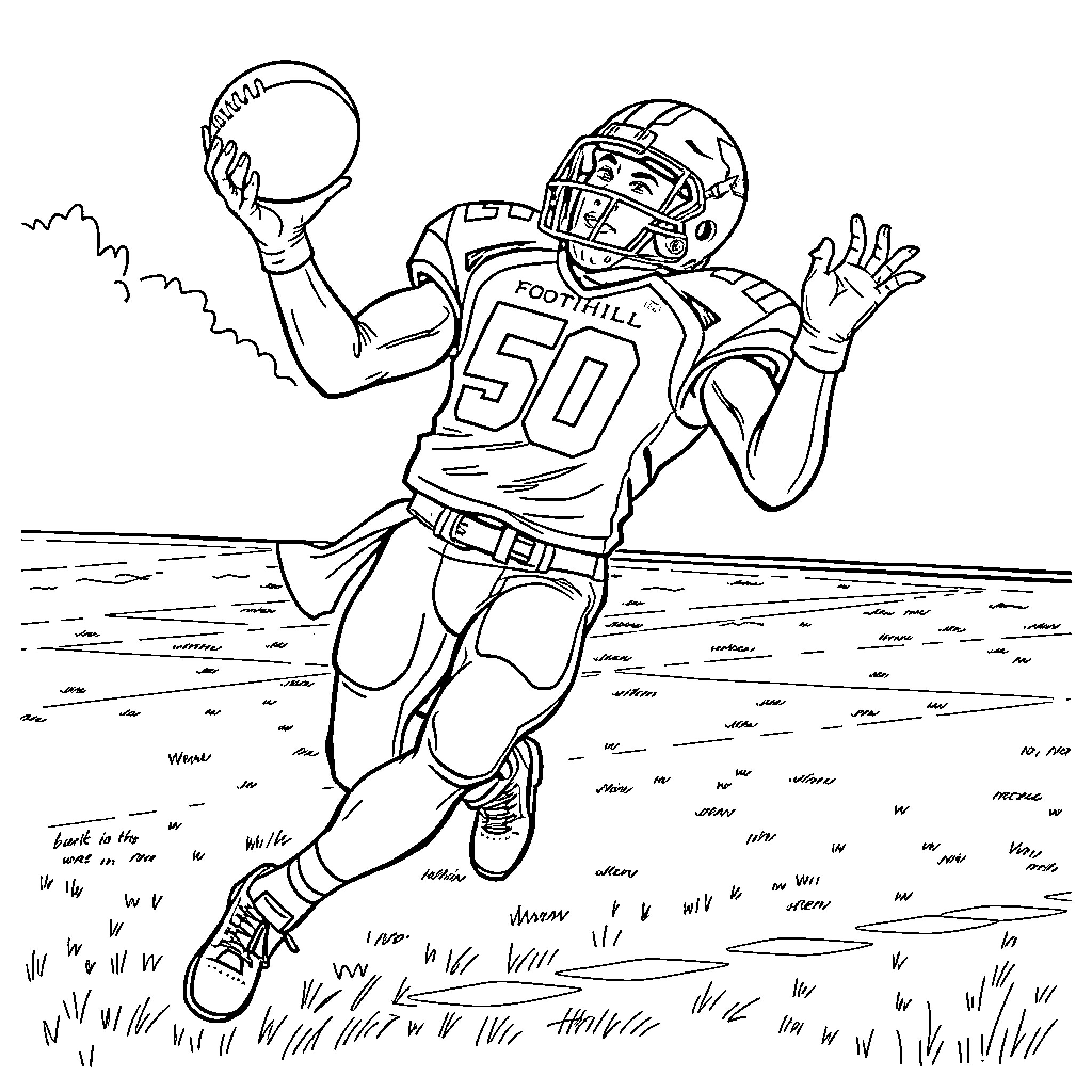 Football Player Catching a Pass on the Field Coloring Page (free black-and-white line drawing printable PDF for all, from beginners to advanced learners, including children, teens, adults, and seniors)
