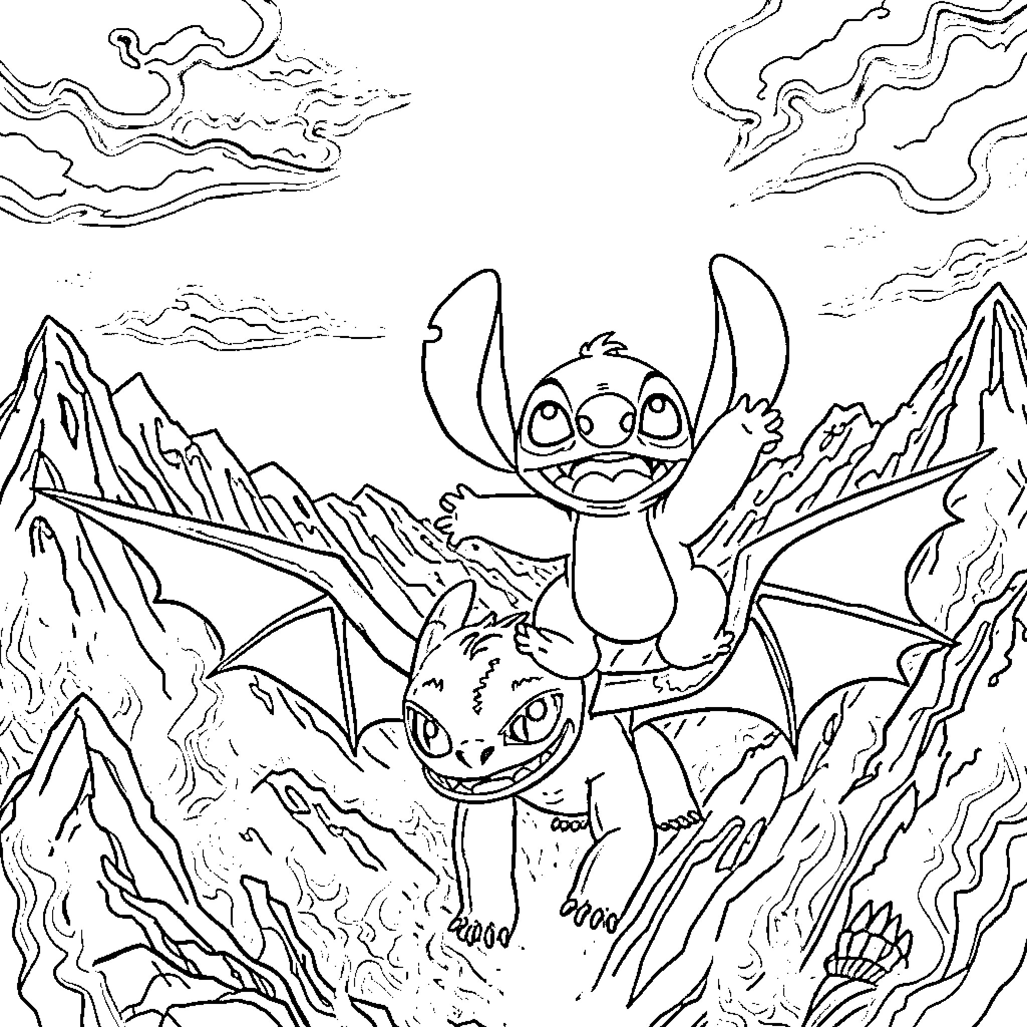 Stitch exploring the mountainous landscape Coloring Page (free black-and-white line drawing printable PDF for all, from beginners to advanced learners, including children, teens, adults, and seniors)