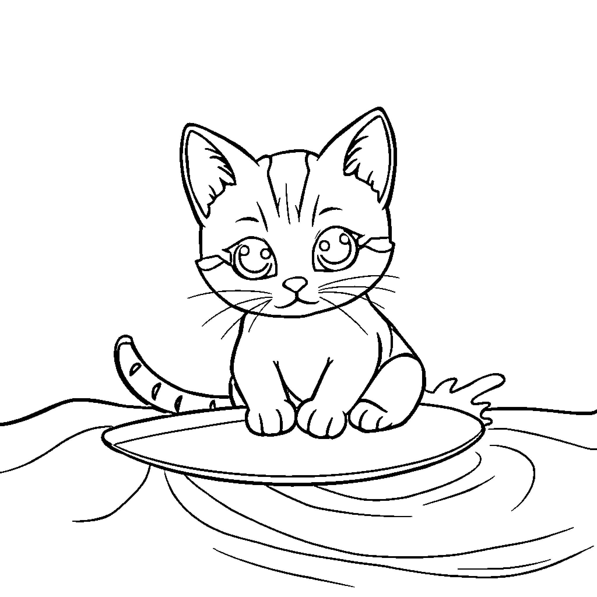 Cat sitting cutely in a dish Coloring Page (free black-and-white line drawing printable PDF for all, from beginners to advanced learners, including children, teens, adults, and seniors)