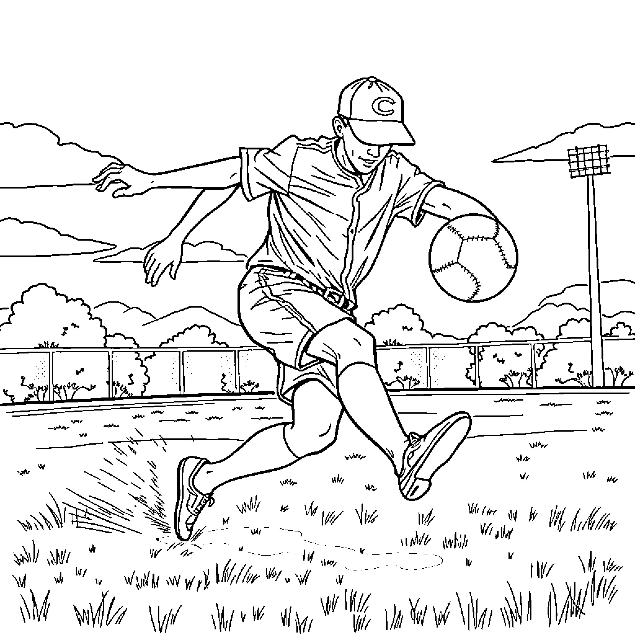 Kickball Player in Motion on Field Coloring Page (free black-and-white line drawing printable PDF for all, from beginners to advanced learners, including children, teens, adults, and seniors)