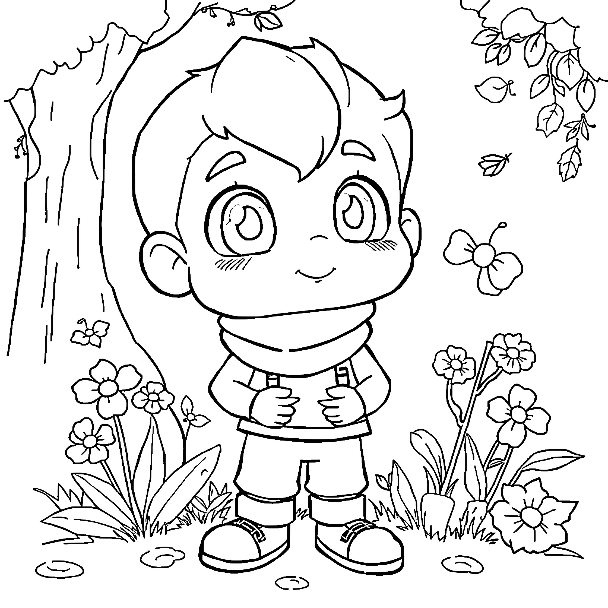 Animation of a happy child in a floral garden Coloring Page (free black-and-white line drawing printable PDF for all, from beginners to advanced learners, including children, teens, adults, and seniors)