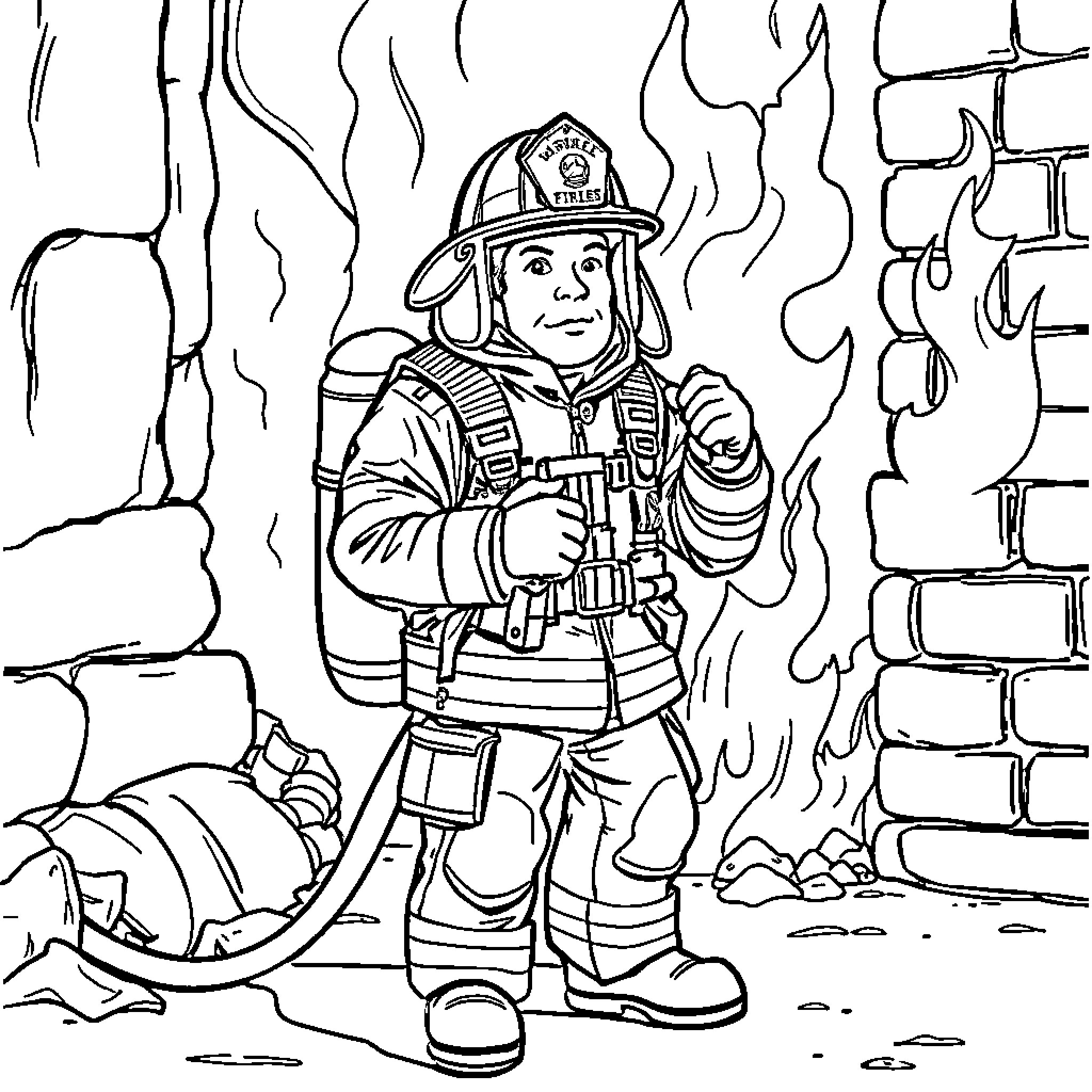 Fireman bravely fighting flames in burning building Coloring Page (free black-and-white line drawing printable PDF for all, from beginners to advanced learners, including children, teens, adults, and seniors)
