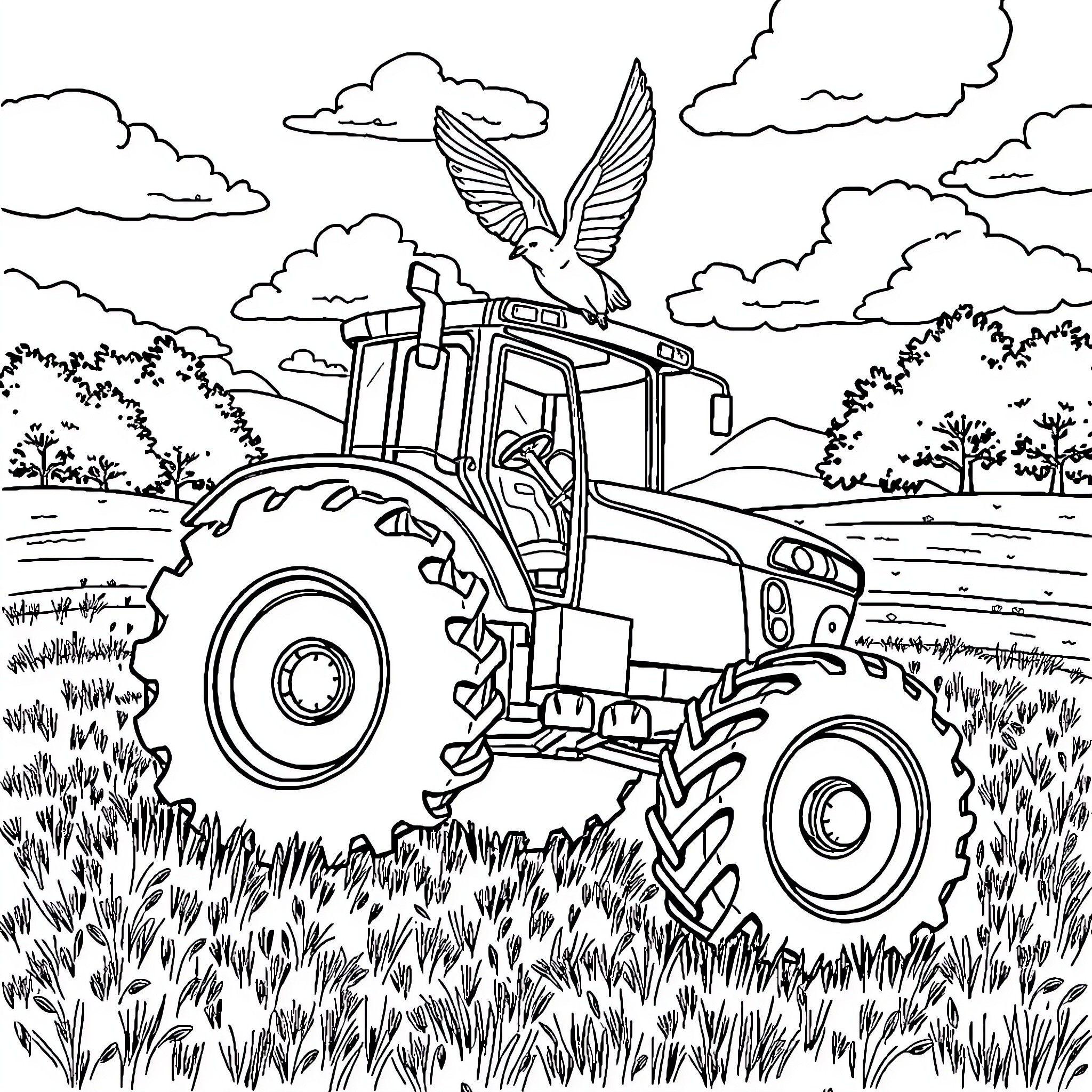 Tractor soaring through the countryside Coloring Page (free black-and-white line drawing printable PDF for all, from beginners to advanced learners, including children, teens, adults, and seniors)