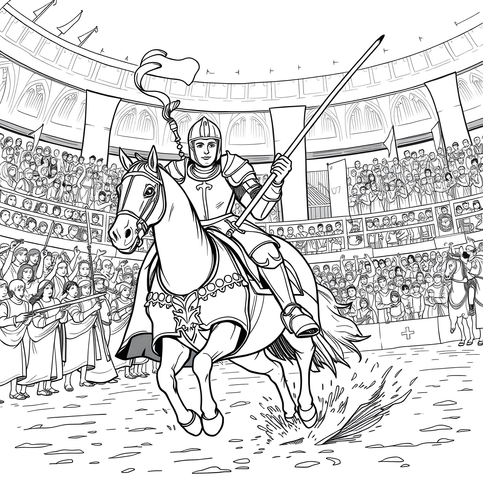 Knight's Valiant Charge in the Arena Coloring Page (free black-and-white line drawing printable PDF for all, from beginners to advanced learners, including children, teens, adults, and seniors)