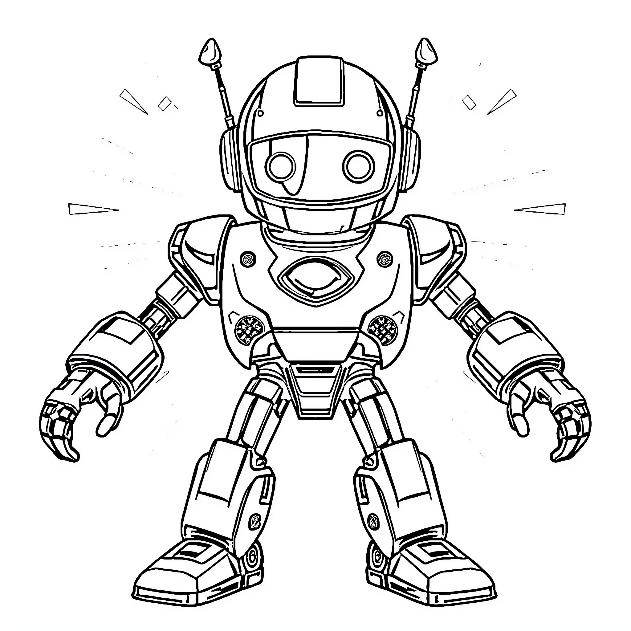 Robot exploring with curiosity and excitement Coloring Page (free black-and-white line drawing printable PDF for all, from beginners to advanced learners, including children, teens, adults, and seniors)
