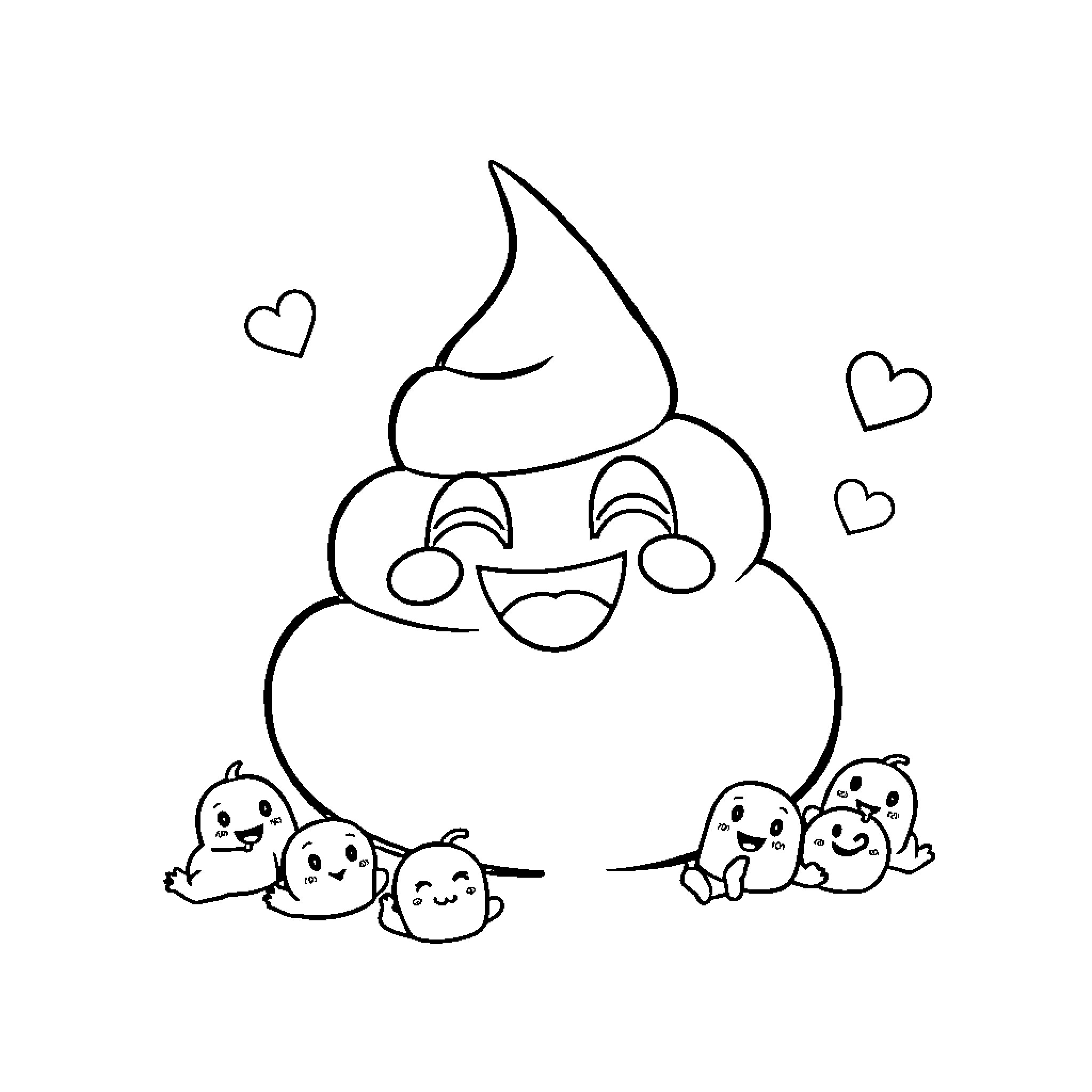Poop Emoji surrounded by happy characters Coloring Page (free black-and-white line drawing printable PDF for all, from beginners to advanced learners, including children, teens, adults, and seniors)