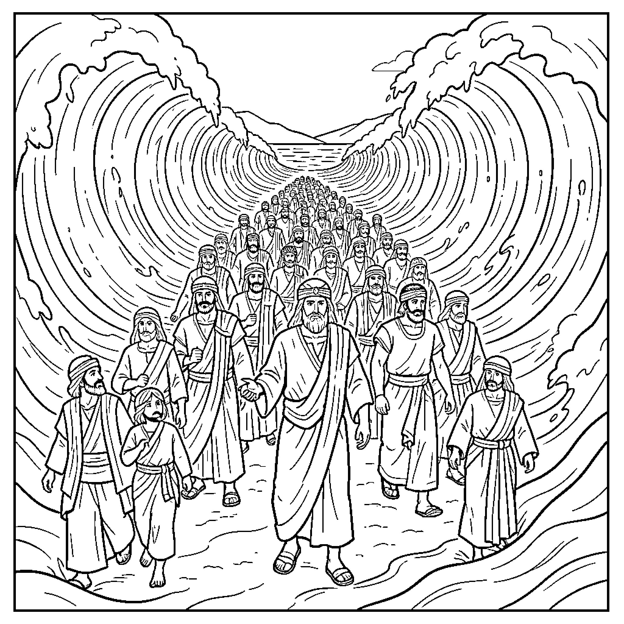 Moses leading people through parted sea waves Coloring Page (free black-and-white line drawing printable PDF for all, from beginners to advanced learners, including children, teens, adults, and seniors)
