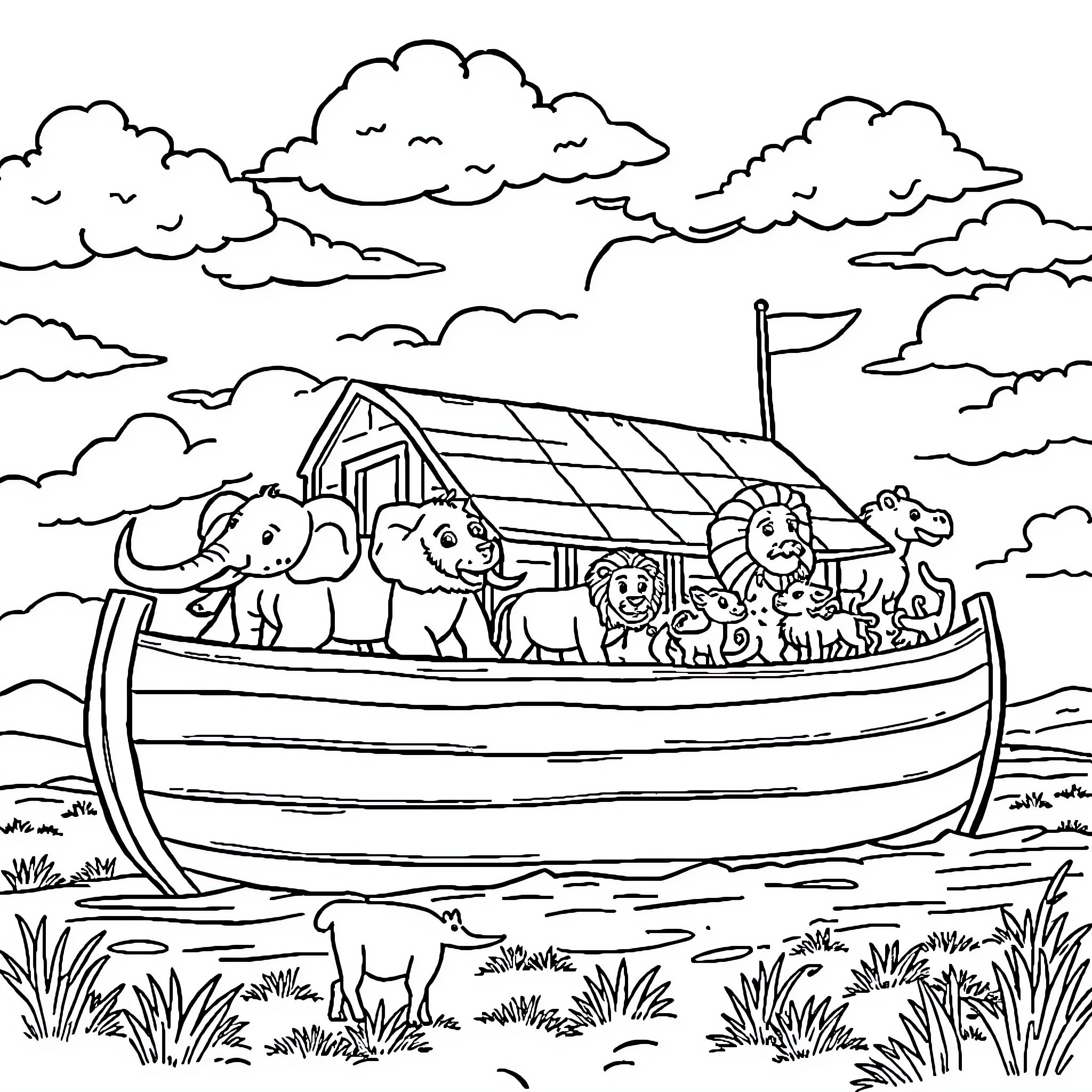 Noah's Ark with animals aboard sailing on the sea Coloring Page (free black-and-white line drawing printable PDF for all, from beginners to advanced learners, including children, teens, adults, and seniors)