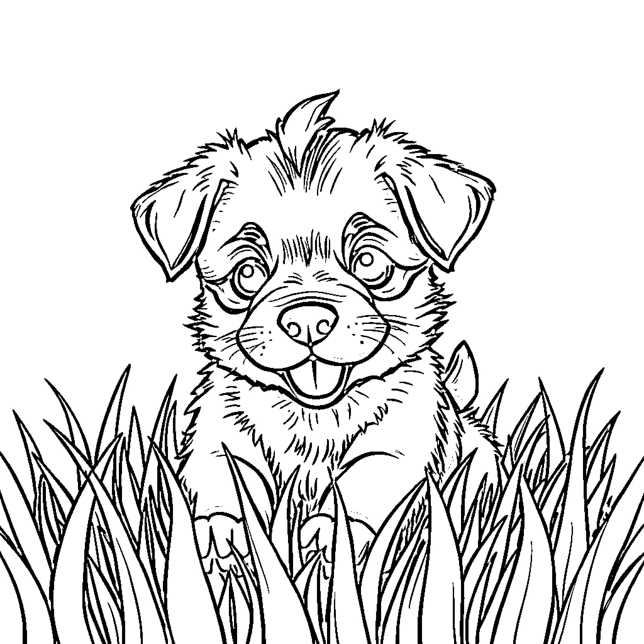 Dog peeking playfully through tall grass Coloring Page (free black-and-white line drawing printable PDF for all, from beginners to advanced learners, including children, teens, adults, and seniors)