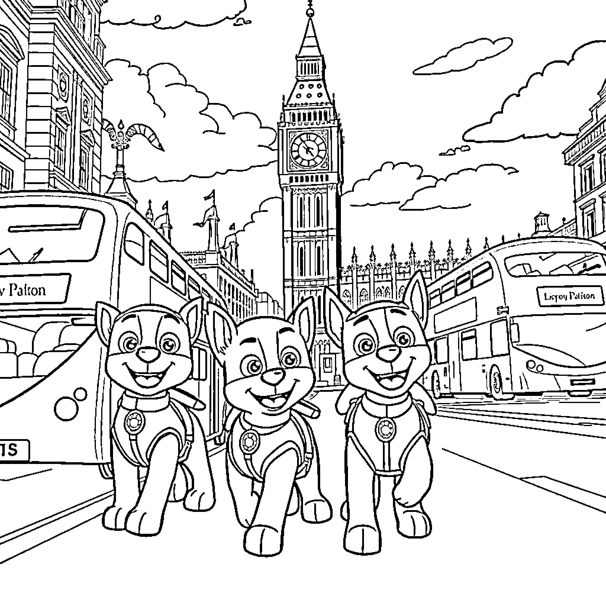 Paw Patrol in London City Adventure Coloring Page (free black-and-white line drawing printable PDF for all, from beginners to advanced learners, including children, teens, adults, and seniors)