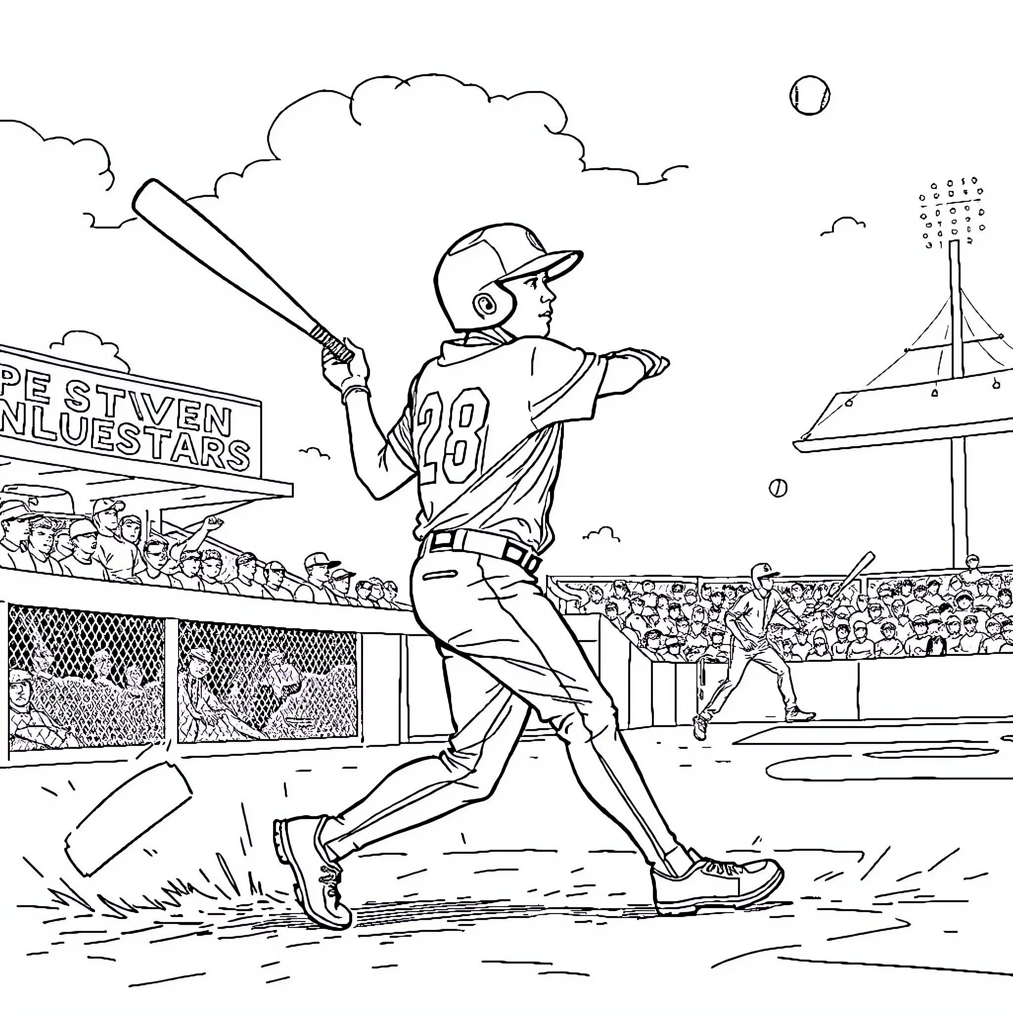 Steven Kwan batting in a baseball game Coloring Page (free black-and-white line drawing printable PDF for all, from beginners to advanced learners, including children, teens, adults, and seniors)