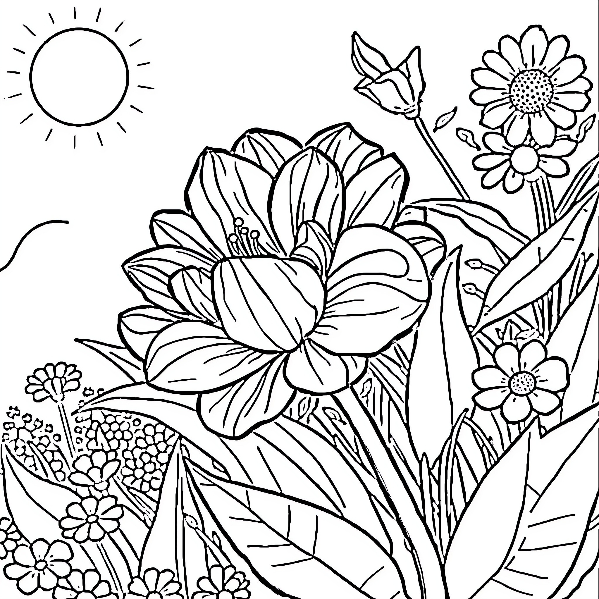 Bunga's Enchanting Floral Arrangement Coloring Page (free black-and-white line drawing printable PDF for all, from beginners to advanced learners, including children, teens, adults, and seniors)
