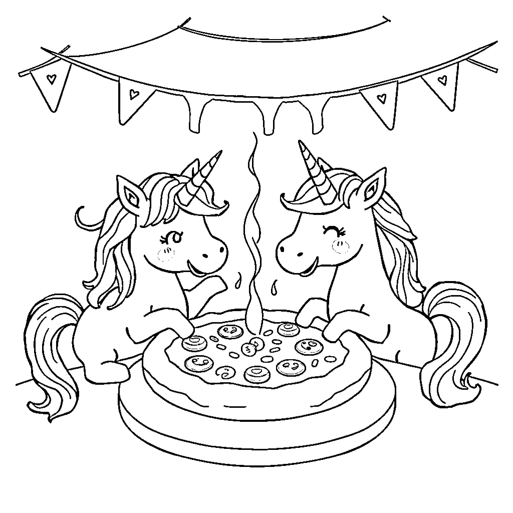 Unicorns celebrating with cake and party decorations Coloring Page (free black-and-white line drawing printable PDF for all, from beginners to advanced learners, including children, teens, adults, and seniors)