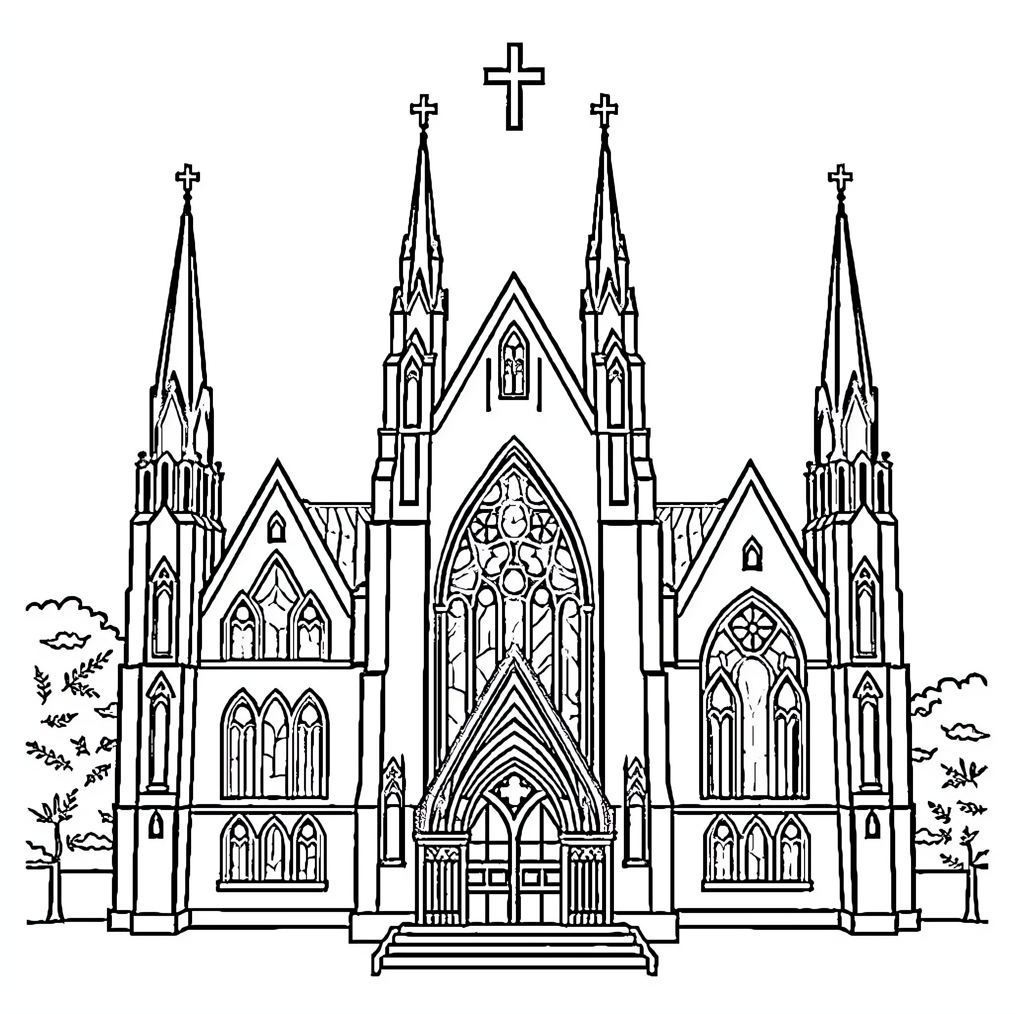 Church with Gothic architectural features Coloring Page (free black-and-white line drawing printable PDF for all, from beginners to advanced learners, including children, teens, adults, and seniors)