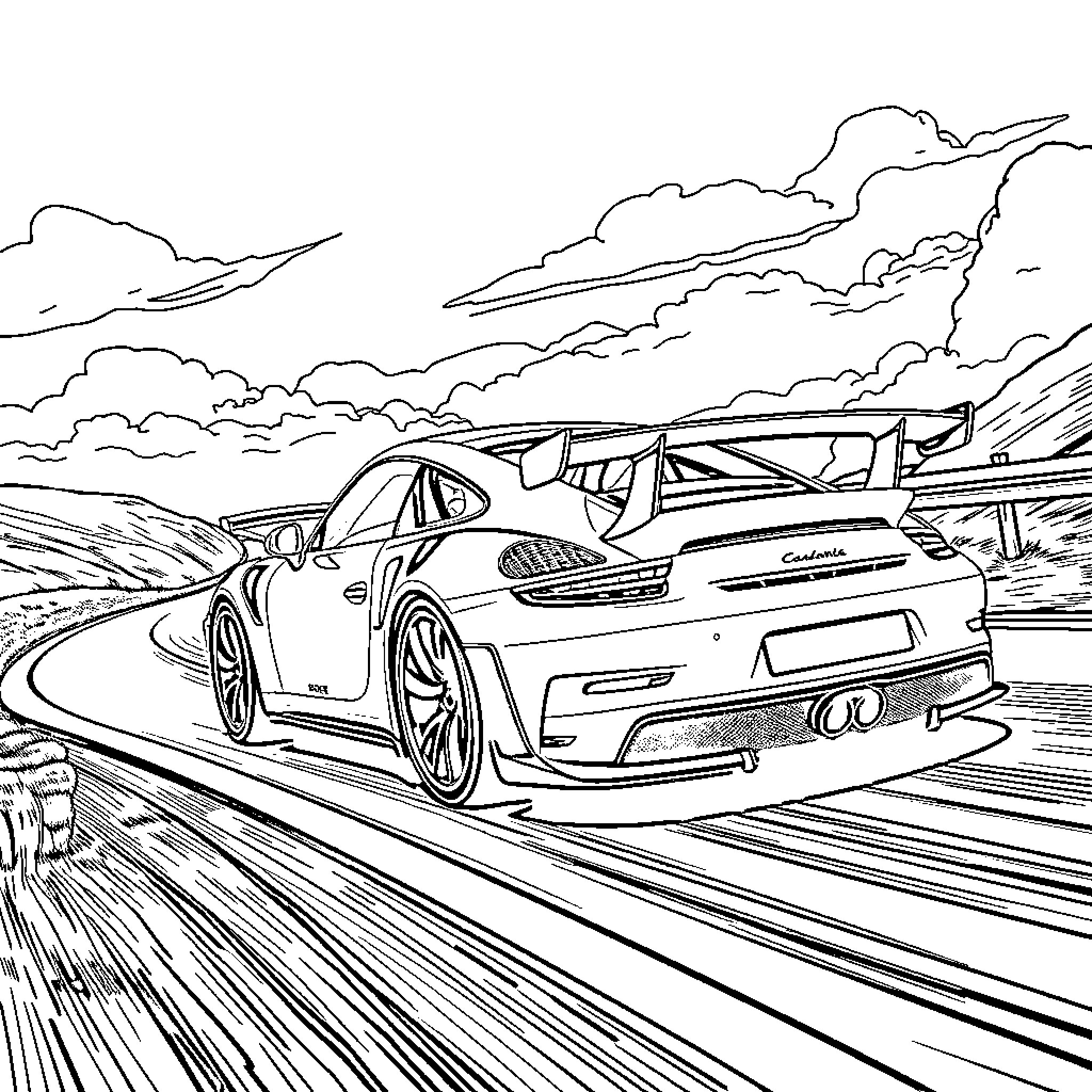 Porsche racing on a winding mountain road Coloring Page (free black-and-white line drawing printable PDF for all, from beginners to advanced learners, including children, teens, adults, and seniors)