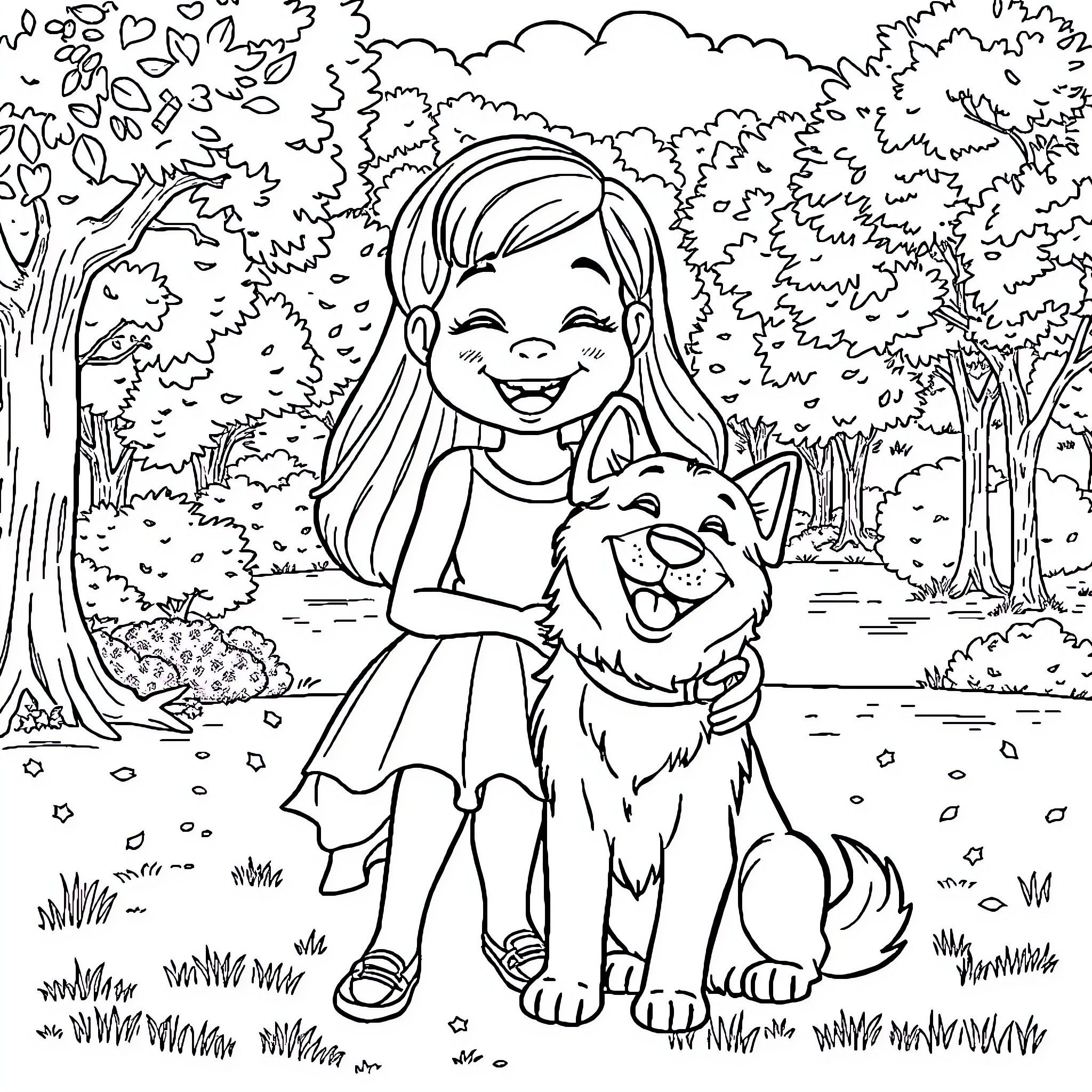Dog and Girl Playing Happily in the Park Coloring Page (free black-and-white line drawing printable PDF for all, from beginners to advanced learners, including children, teens, adults, and seniors)