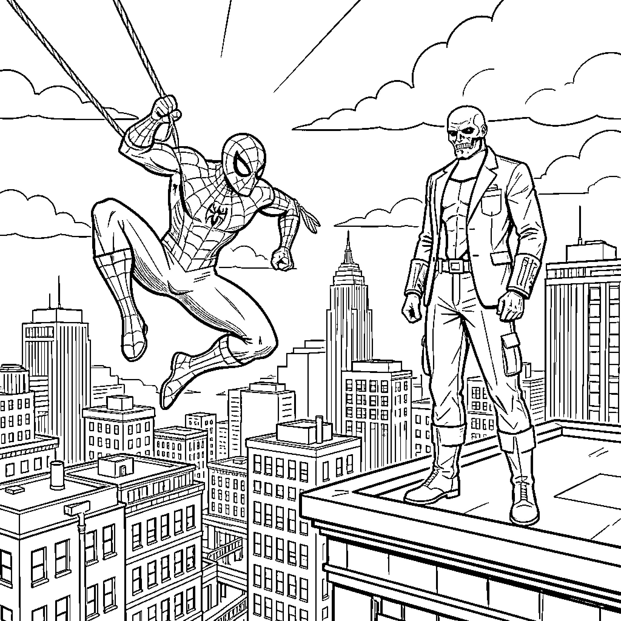 Spiderman swinging through the city while facing a villain Coloring Page (free black-and-white line drawing printable PDF for all, from beginners to advanced learners, including children, teens, adults, and seniors)