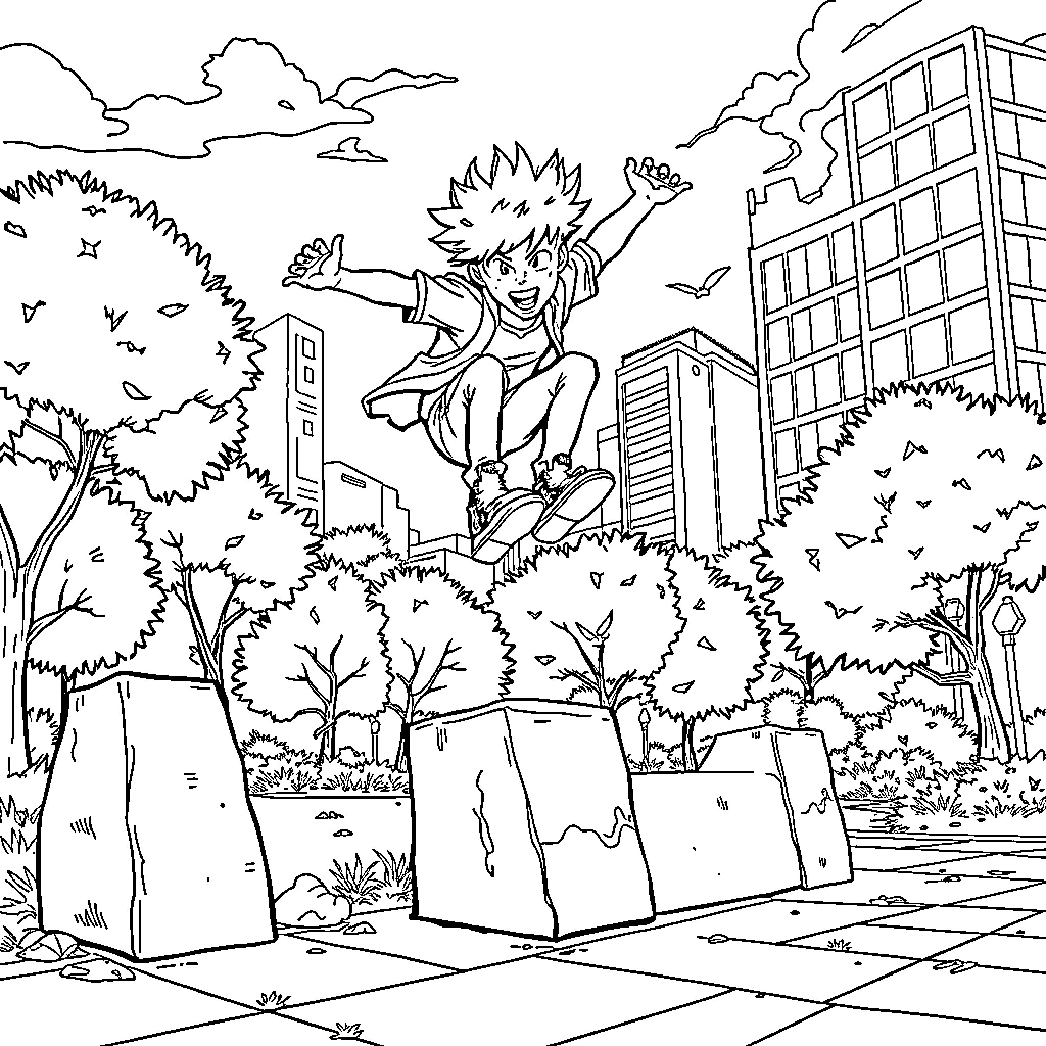 Scott Pilgrim skating through the city Coloring Page (free black-and-white line drawing printable PDF for all, from beginners to advanced learners, including children, teens, adults, and seniors)